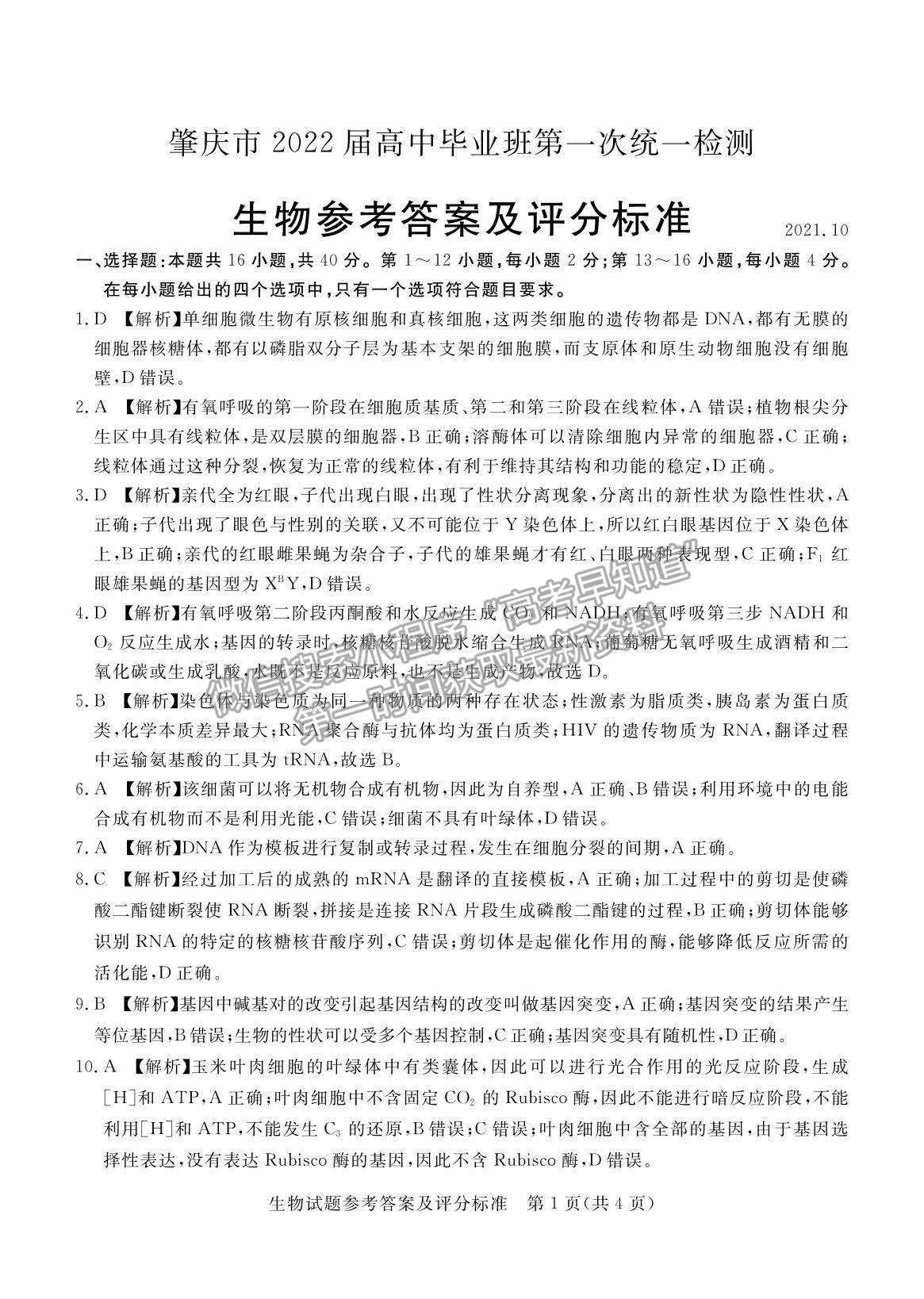 2022廣東省肇慶市高三上學(xué)期第一次統(tǒng)一檢測(cè)生物試題及參考答案