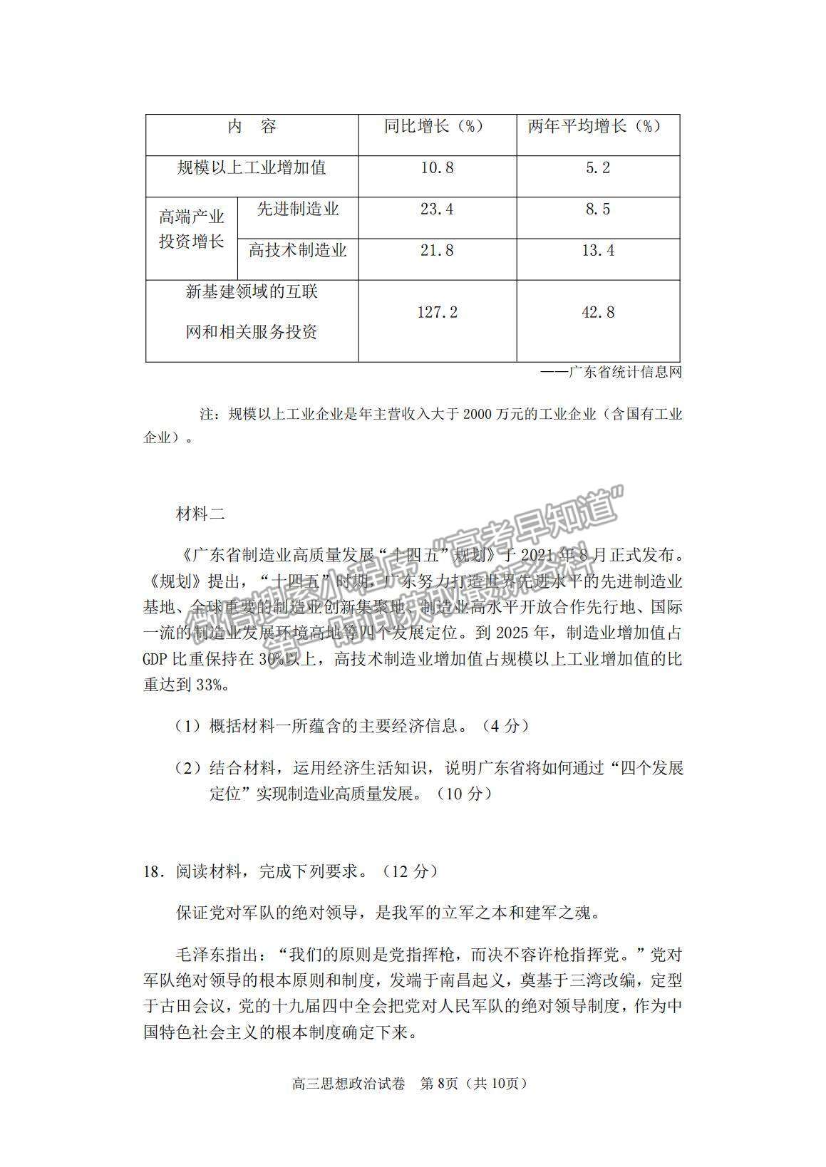 2022廣東省佛山順德市高三一模政治試題及參考答案