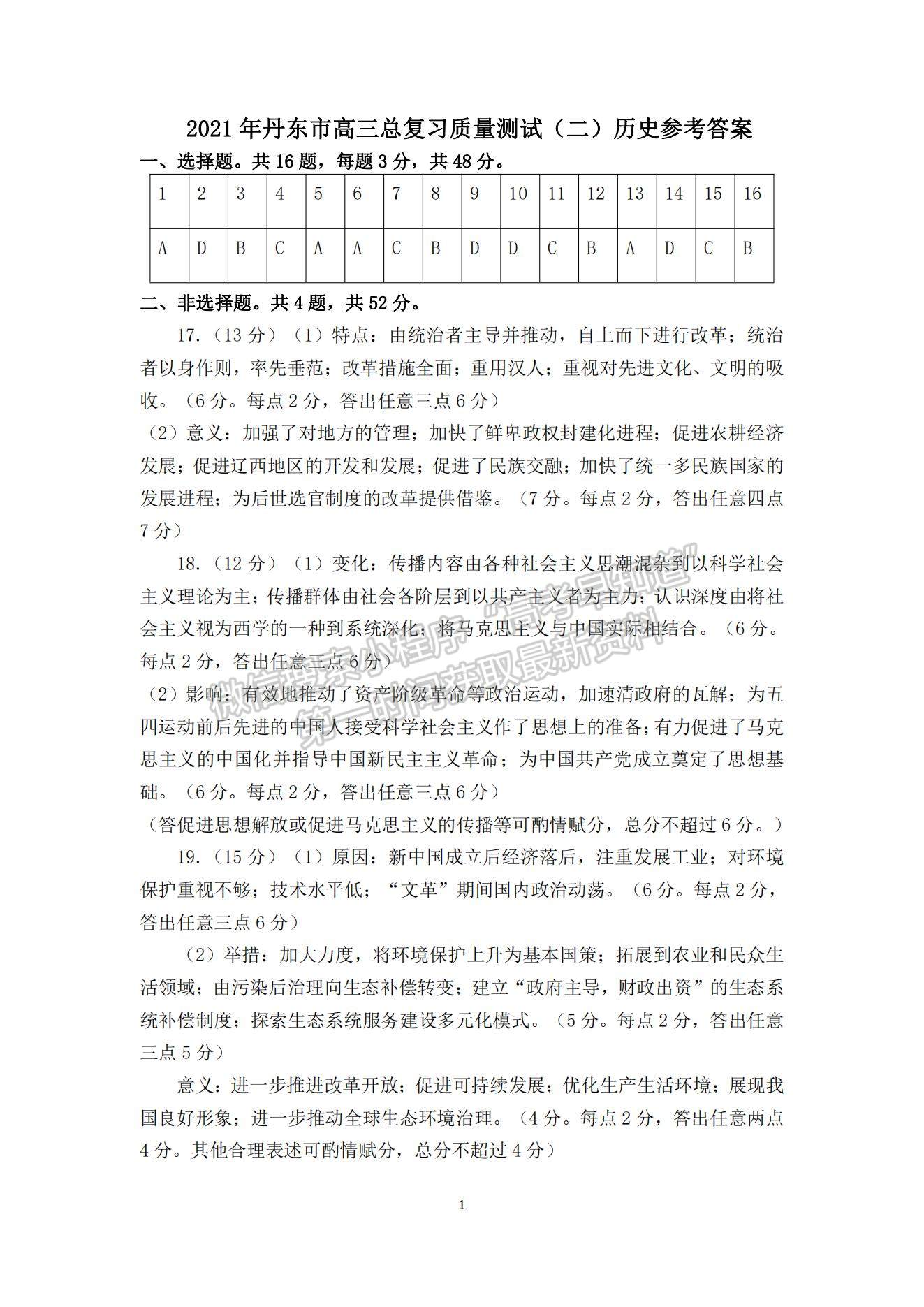 2021遼寧省丹東市高三下學(xué)期5月總復(fù)習(xí)質(zhì)量測(cè)試（二）歷史試題及參考答案