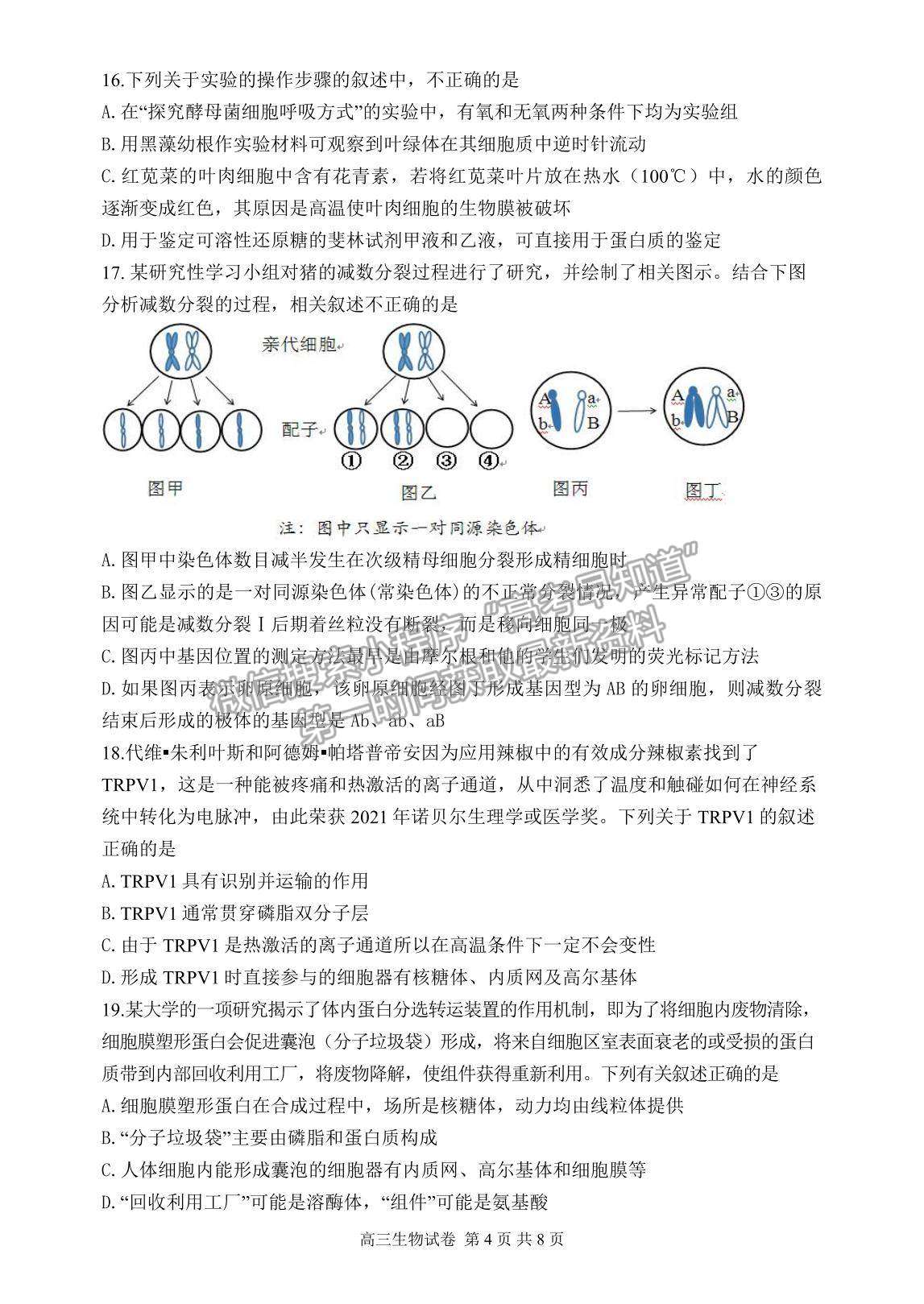 2022遼寧省丹東市高三上學(xué)期總復(fù)習(xí)階段測(cè)試生物試題及參考答案