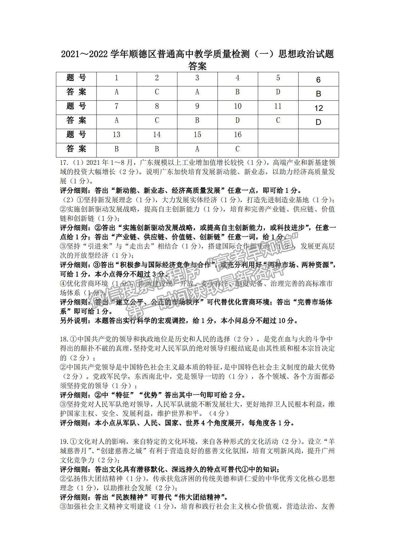 2022廣東省佛山順德市高三一模政治試題及參考答案