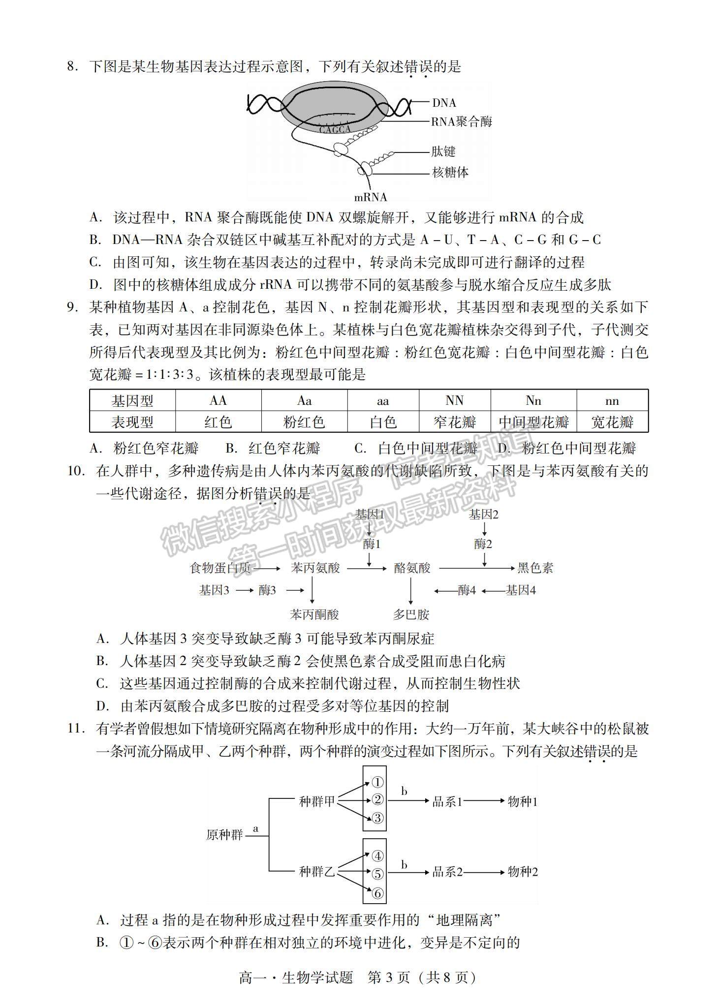 2021廣東省汕尾市高一下學期期末調(diào)研考試生物試題及參考答案