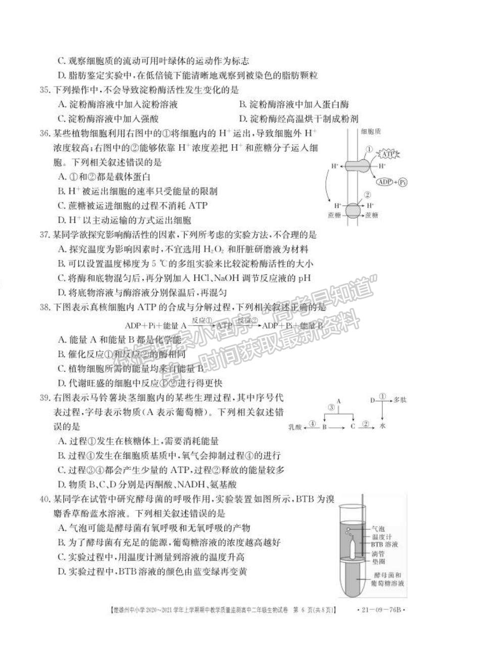 2021云南省楚雄州中小學(xué)高二上學(xué)期期中教學(xué)質(zhì)量監(jiān)測(cè)生物試題及參考答案