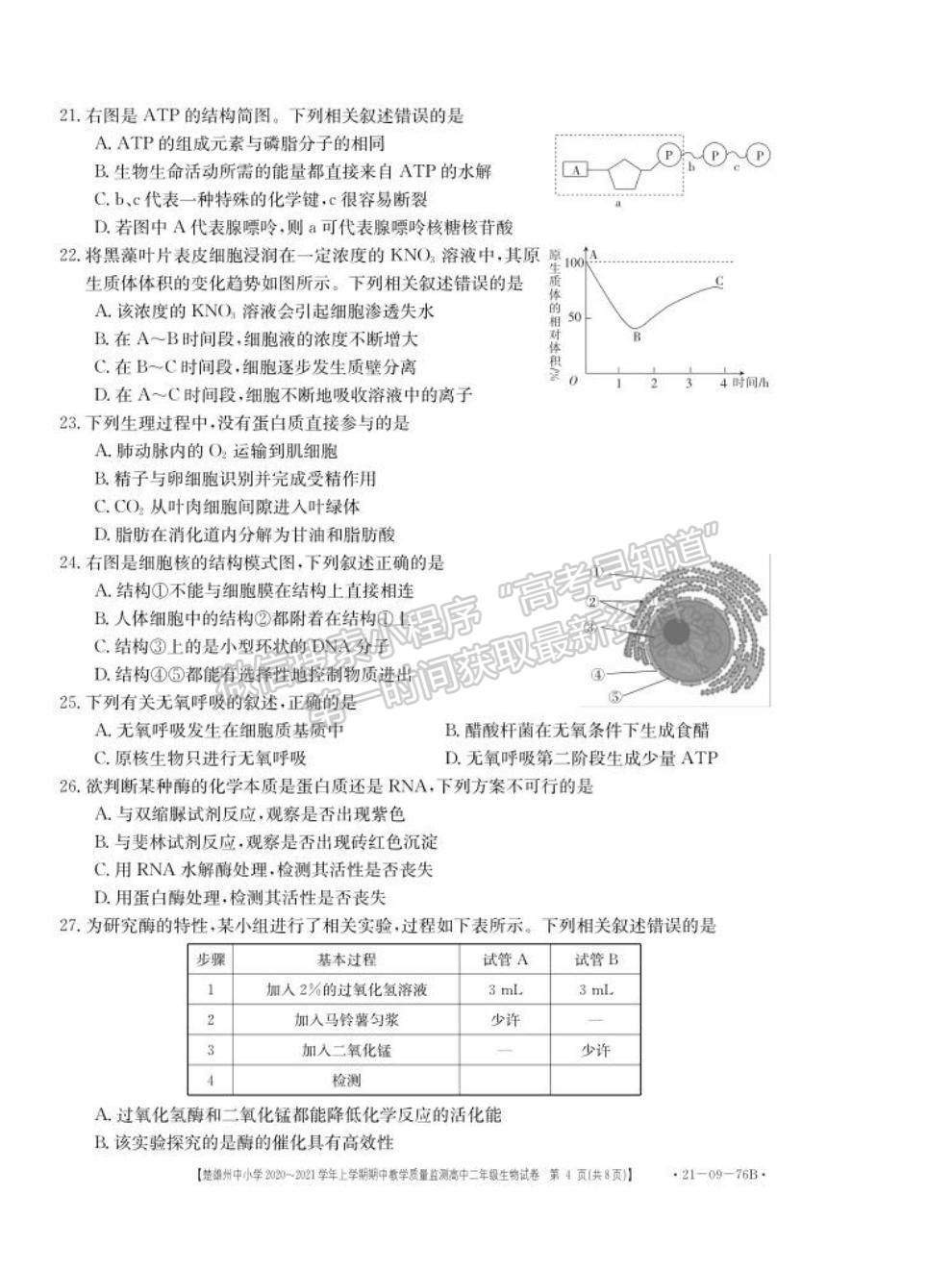 2021云南省楚雄州中小學高二上學期期中教學質(zhì)量監(jiān)測生物試題及參考答案