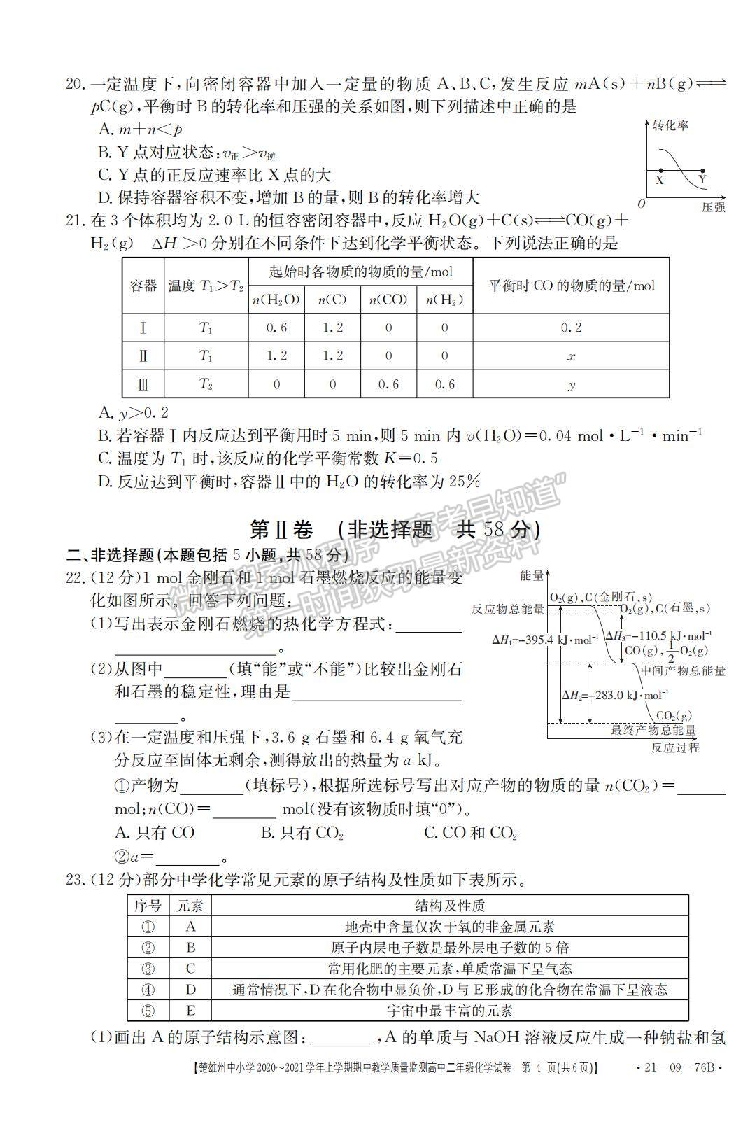 2021云南省楚雄州中小學高二上學期期中教學質(zhì)量監(jiān)測化學試題及參考答案