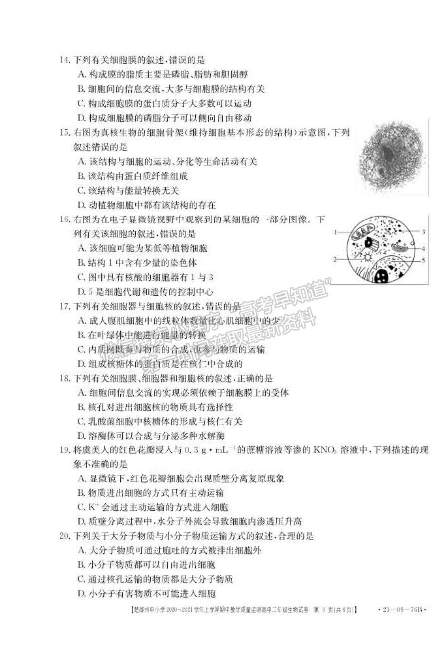 2021云南省楚雄州中小學高二上學期期中教學質量監(jiān)測生物試題及參考答案