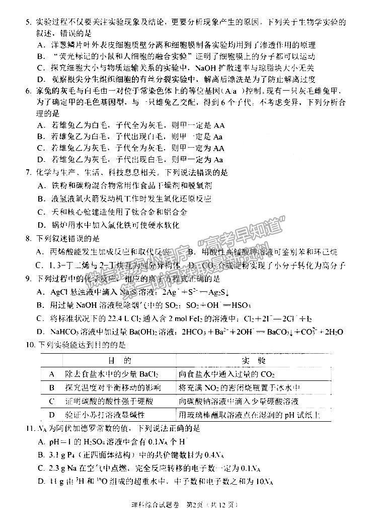 2022綿陽(yáng)市高中2019級(jí)第一次診斷性考試?yán)砜凭C合試題及答案