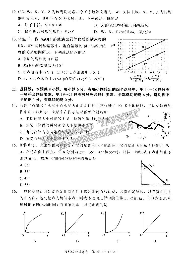 2022綿陽(yáng)市高中2019級(jí)第一次診斷性考試?yán)砜凭C合試題及答案