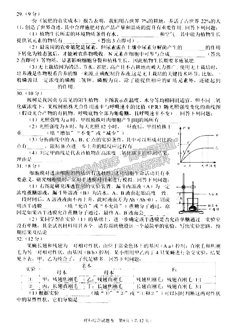 2022綿陽(yáng)市高中2019級(jí)第一次診斷性考試?yán)砜凭C合試題及答案