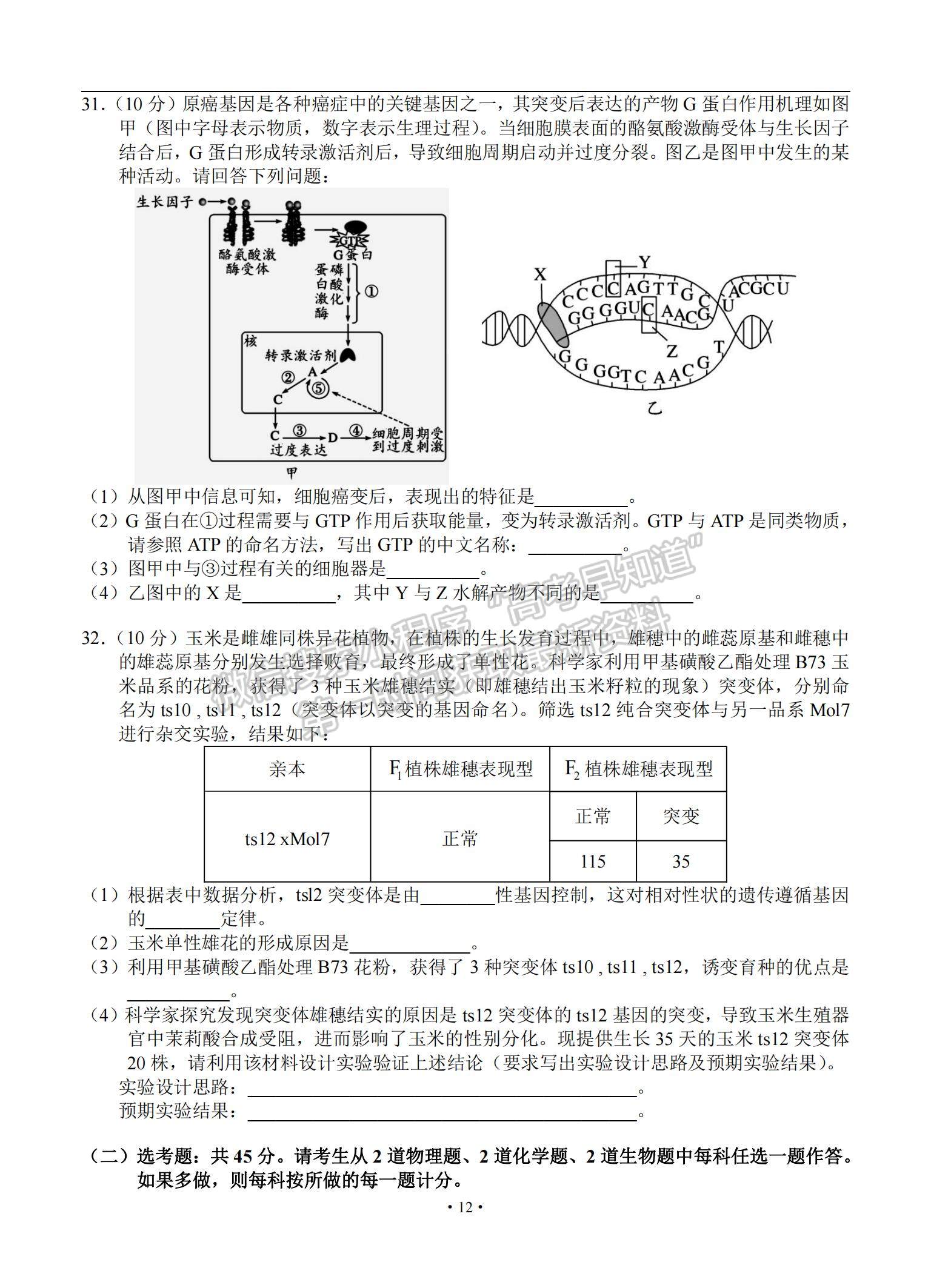 2021安徽省六安市舒城中學高三下學期5月仿真試卷（二）理綜試題及參考答案