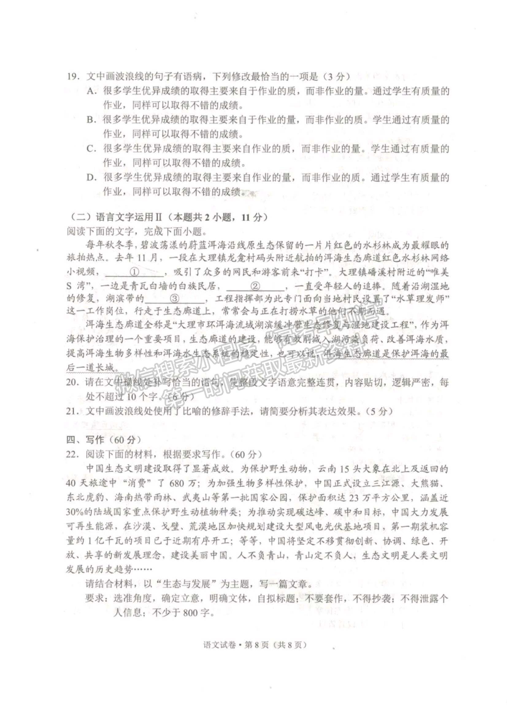 2022大理、麗江、怒江高中畢業(yè)生第一次復(fù)習(xí)統(tǒng)一檢測語文試題及參考答案