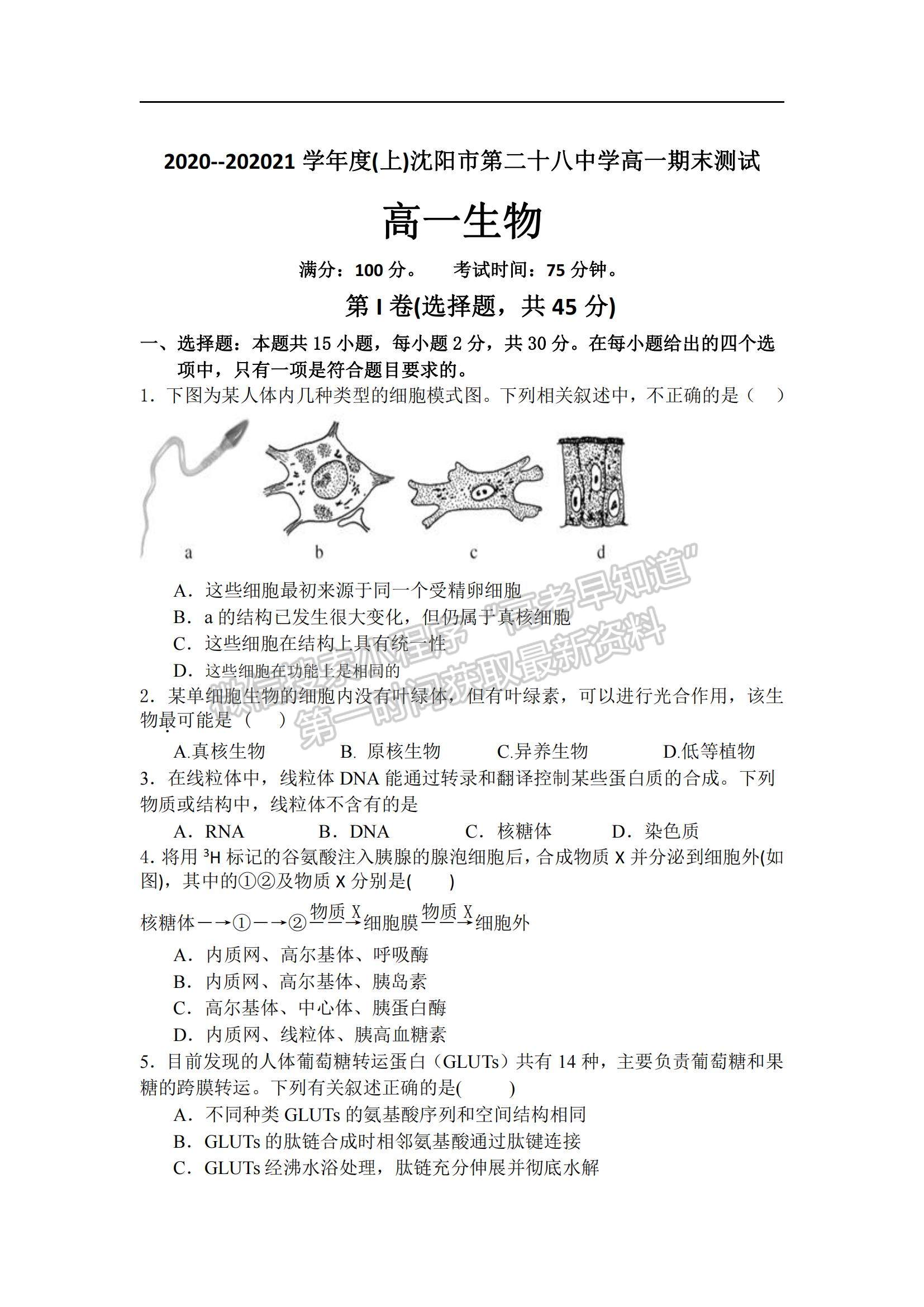 2021遼寧省沈陽市第二十八中學高一上學期期末考試生物試題及參考答案