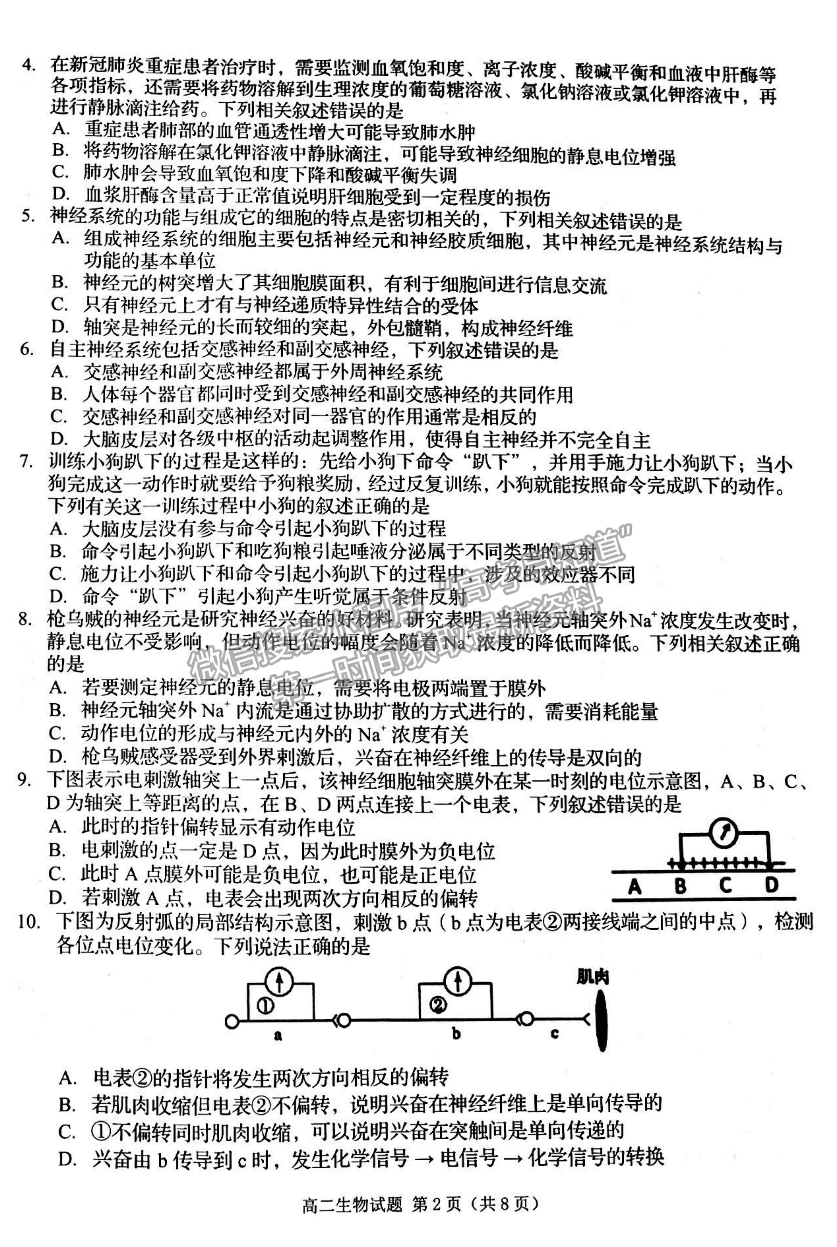 2022吉林省四平市普通高中高二上學(xué)期期中考試生物試題及參考答案