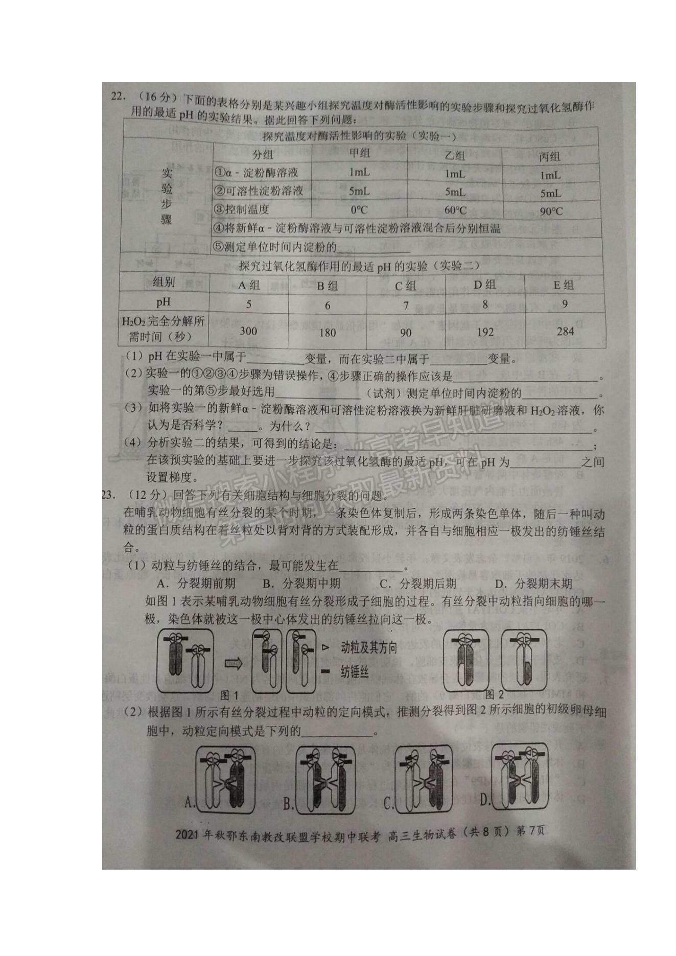 2022湖北省鄂東南省級(jí)示范高中教育教學(xué)改革聯(lián)盟學(xué)校高三上學(xué)期期中聯(lián)考生物試題及參考答案