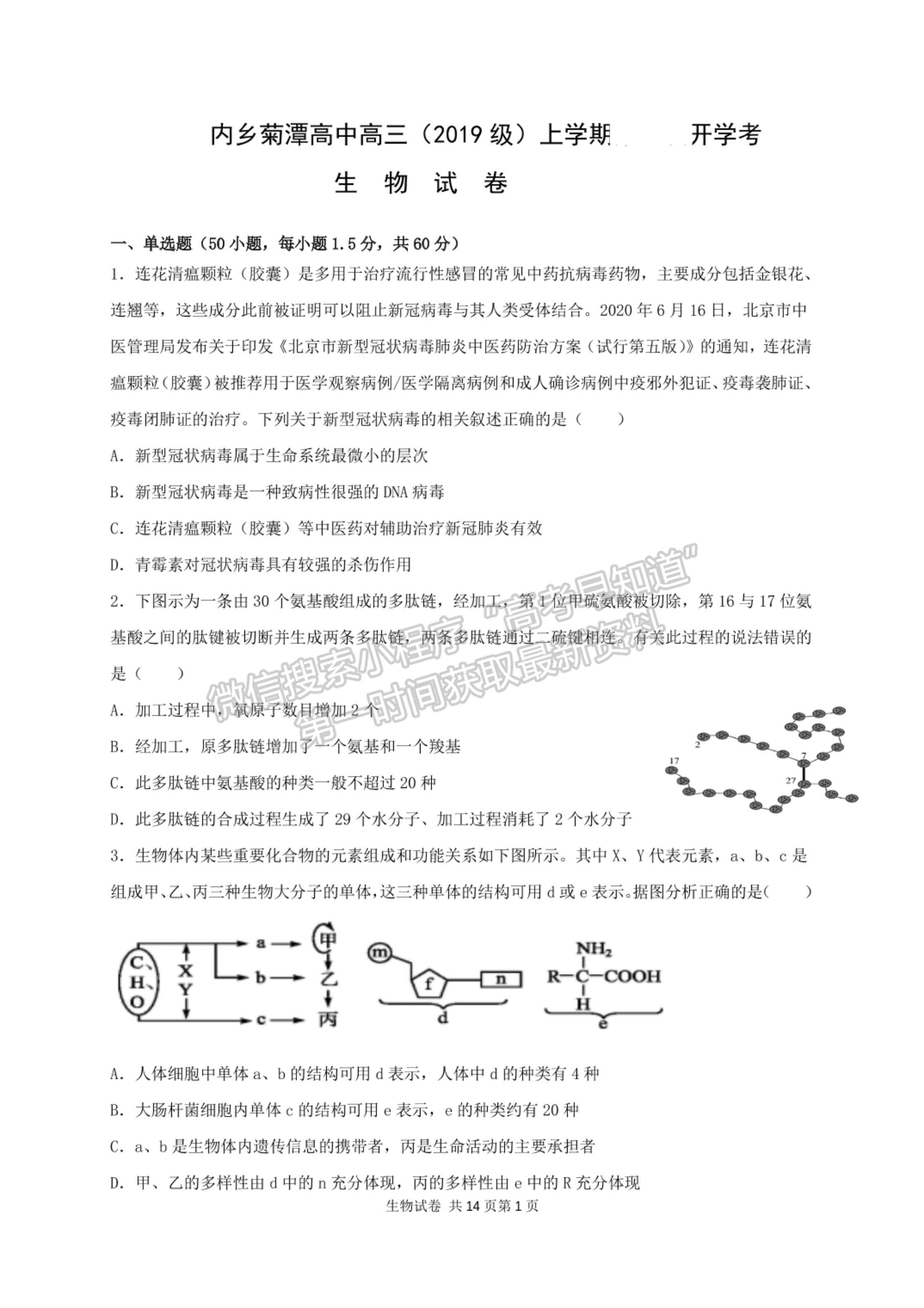 2022河南省南陽市內鄉(xiāng)菊潭高級中學高三上學期開學考試生物試卷及參考答案