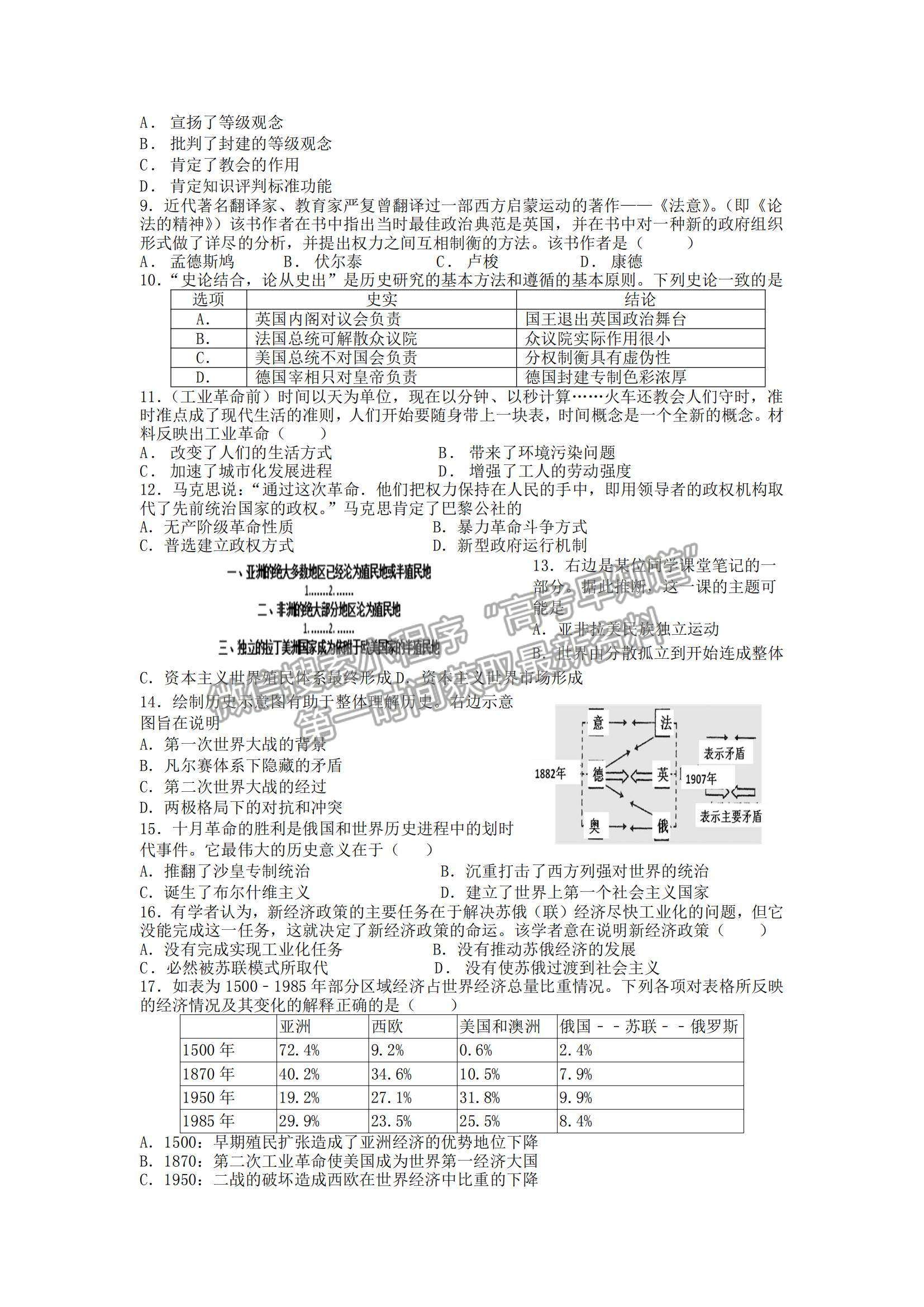 2022湖南省长沙市明达中学高二上学期入学考试历史试卷及参考答案