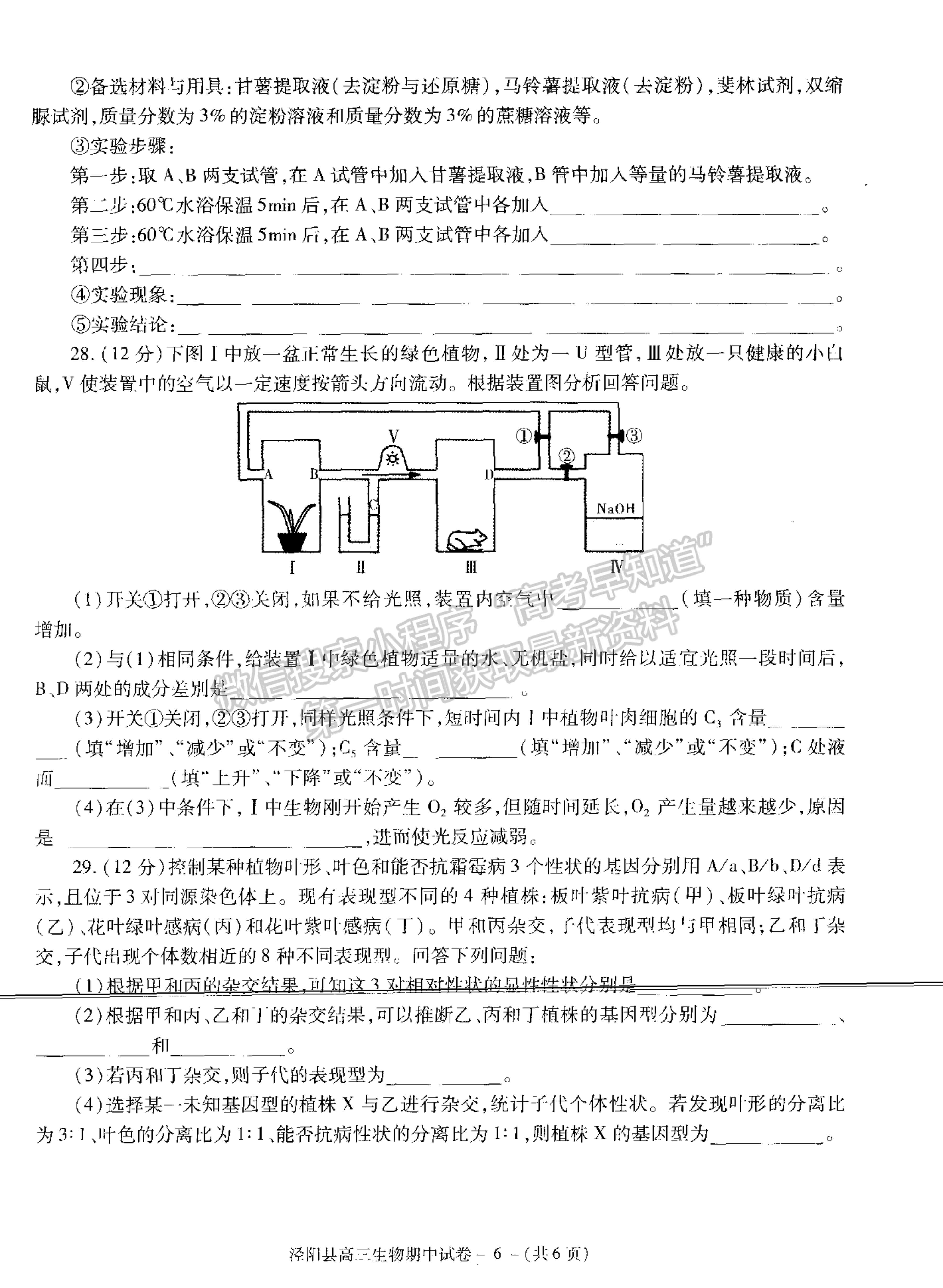 2021陜西省涇陽(yáng)縣高三上學(xué)期期中考試生物試卷及參考答案