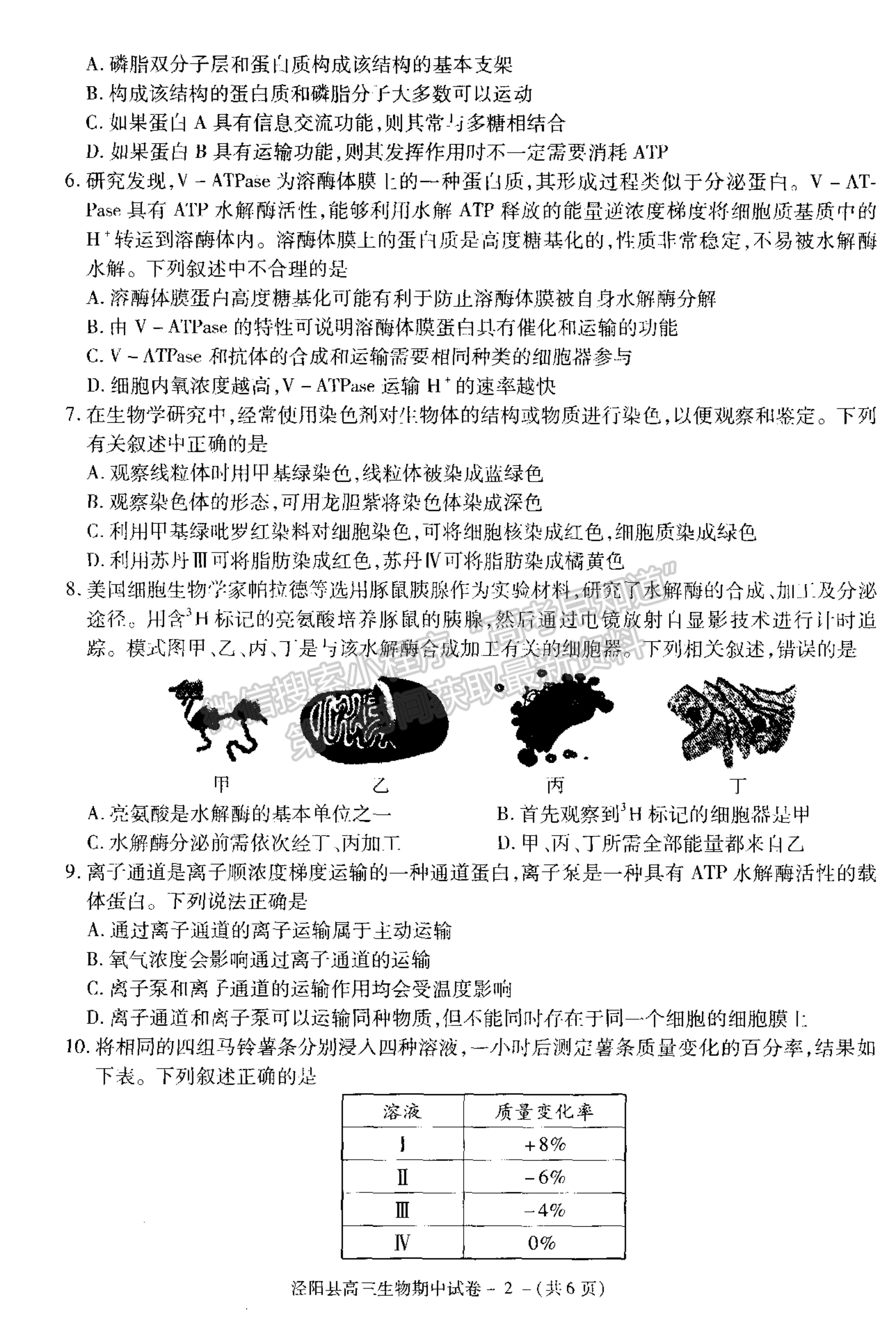 2021陜西省涇陽(yáng)縣高三上學(xué)期期中考試生物試卷及參考答案