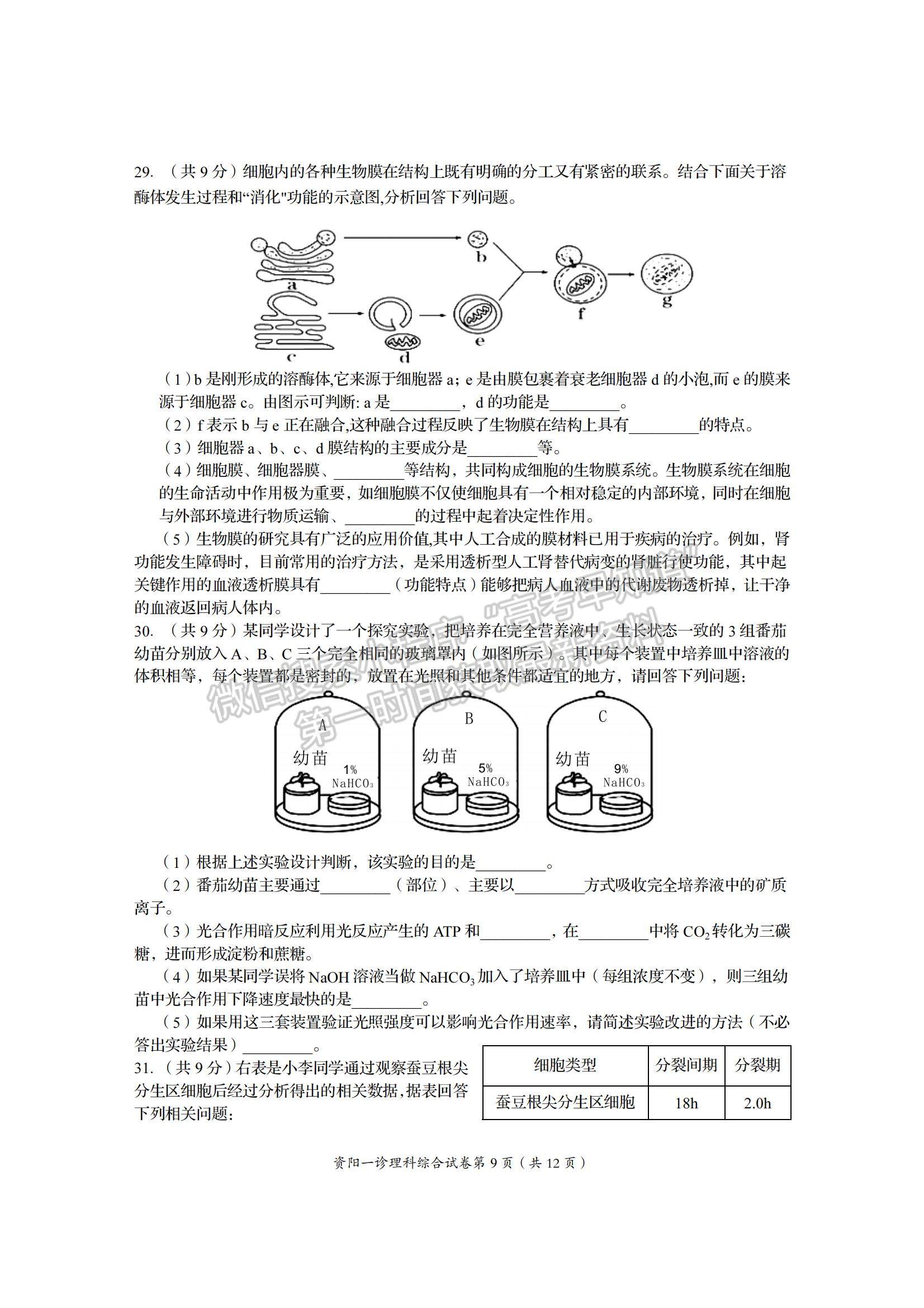 2022四川省資陽市高三一診理綜試題及參考答案