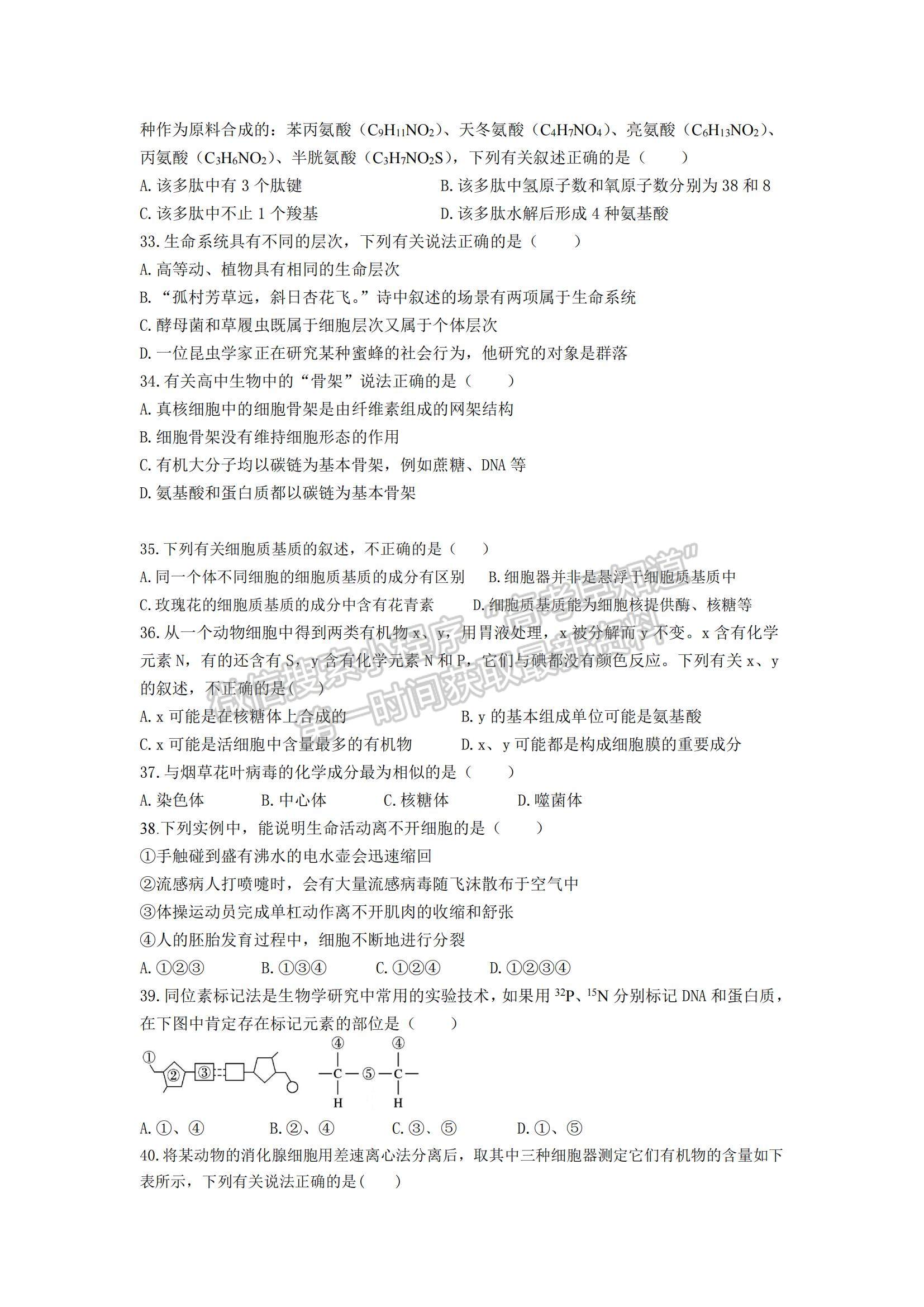 2022黑龙江省八校高一上学期期中联合考试生物试卷及参考答案