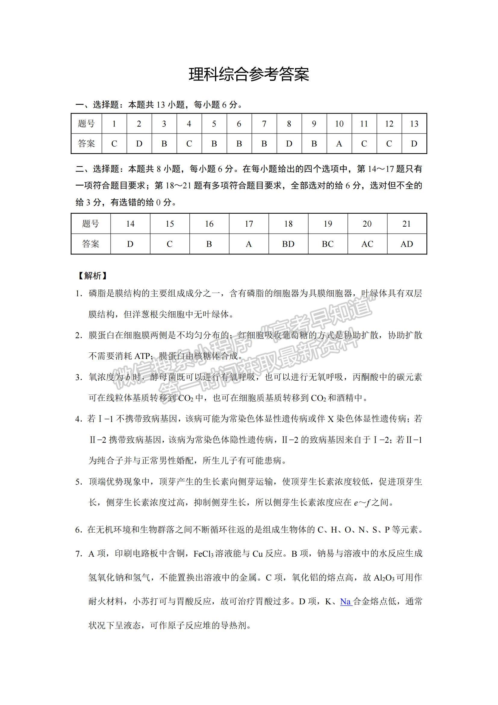 2022云南省師范大學(xué)附屬中學(xué)高三高考適應(yīng)性月考卷（二）理綜試題及參考答案