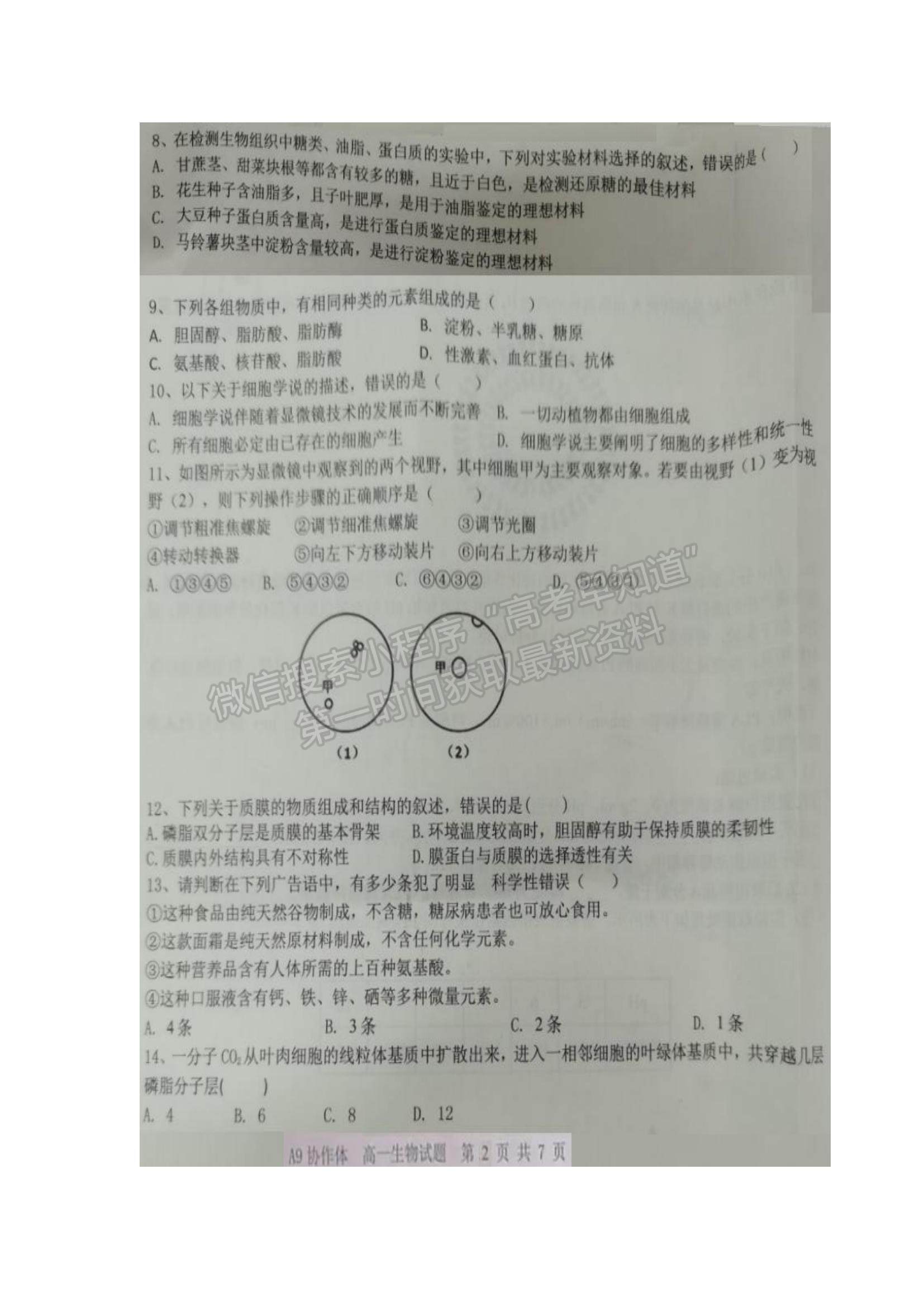 2022浙江省A9協(xié)作體高一上學(xué)期期中聯(lián)考生物試題及參考答案