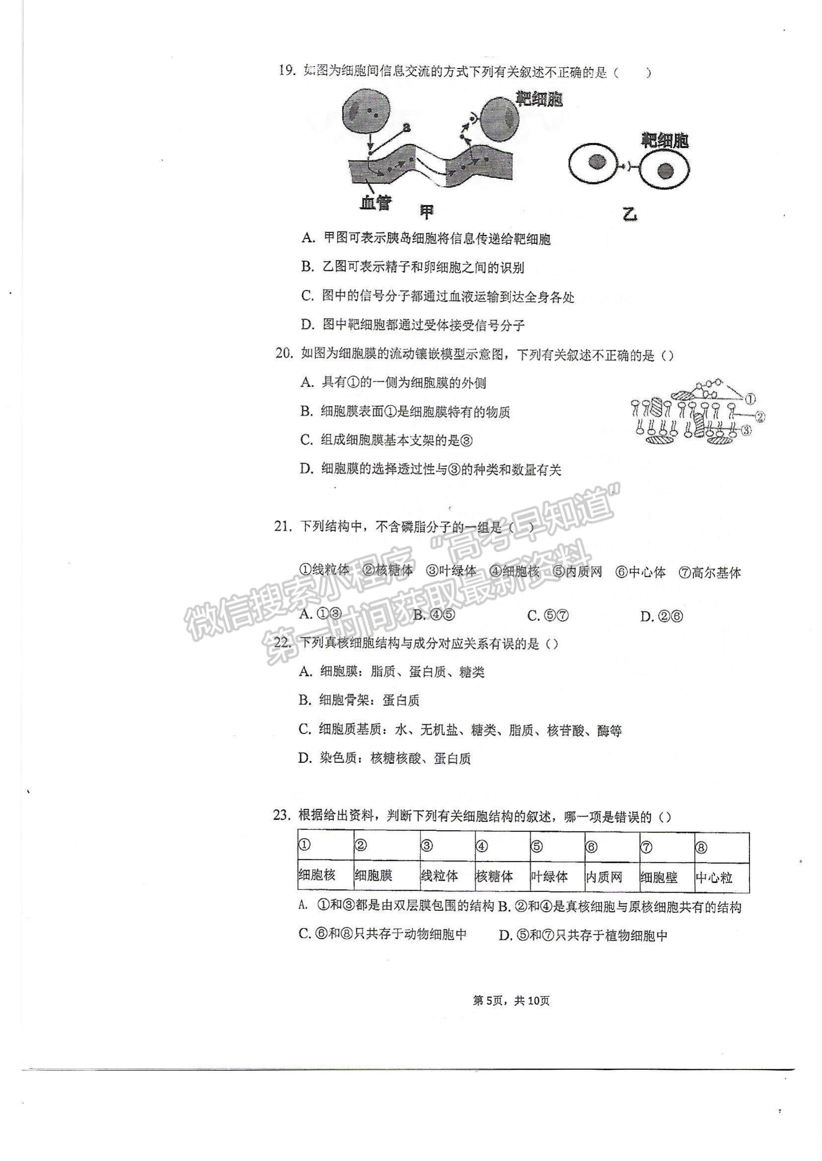 2022天津市軍糧城中學高一上學期期中考試生物試題及參考答案