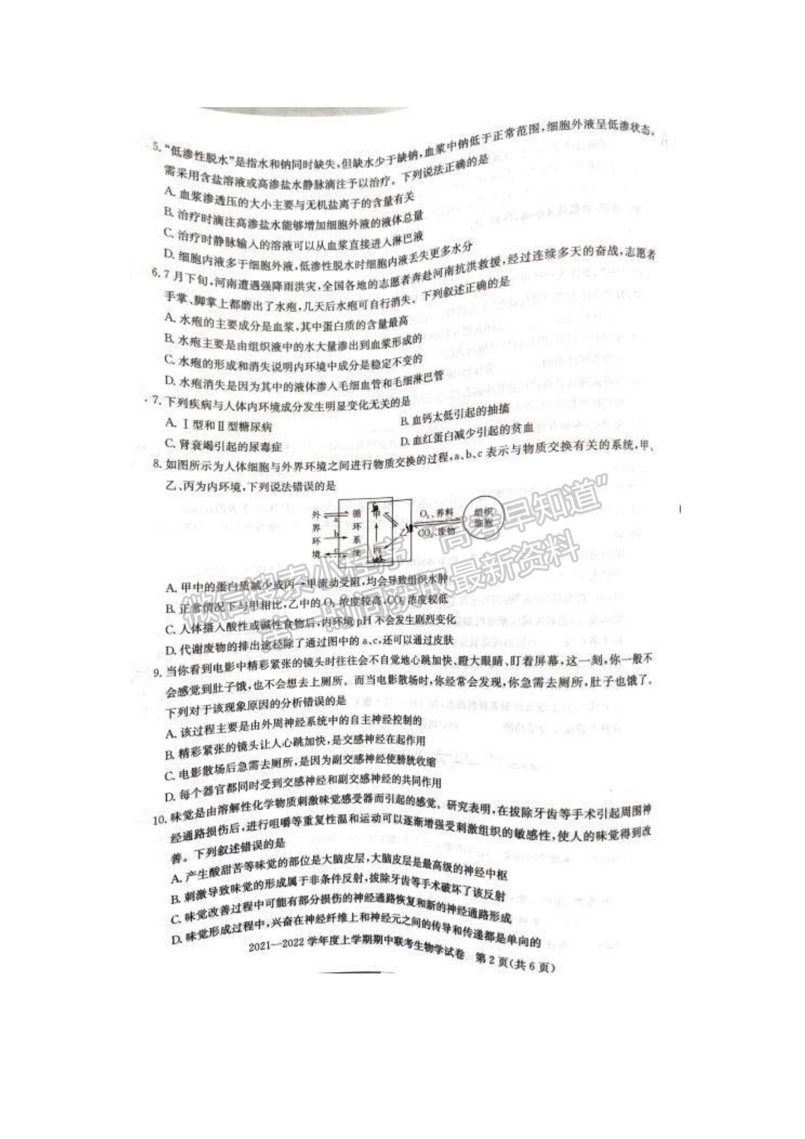 2022武汉市部分重点中学高二上学期期中联考生物试题及参考答案