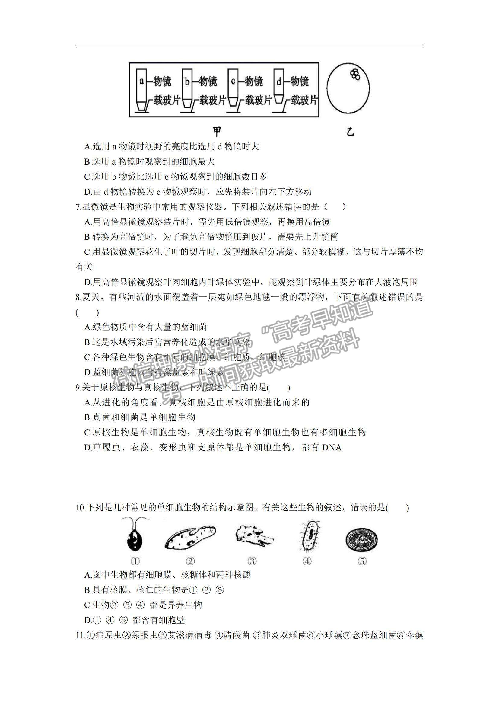 2022深圳实验学校高一上学期第一阶段考试生物试题及参考答案