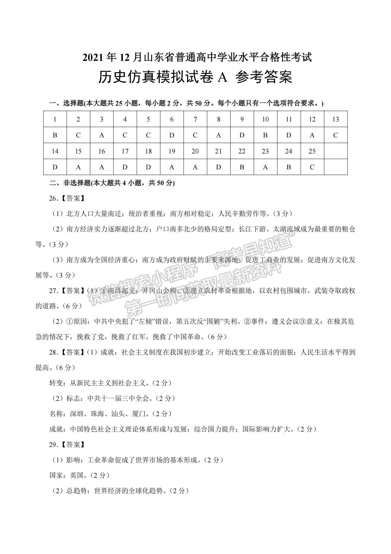 2021年12月山東省普通高中學(xué)業(yè)水平合格性考試歷史仿真模擬試卷A及參考答案