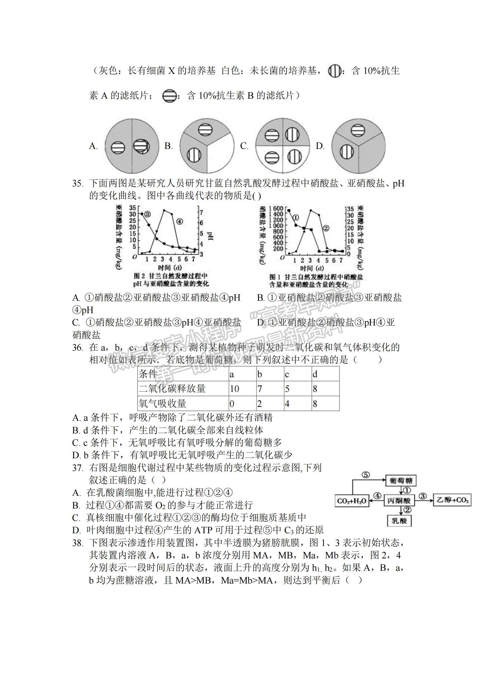 2022四川省廣安代市中學高三上學期入學考試生物試題及參考答案