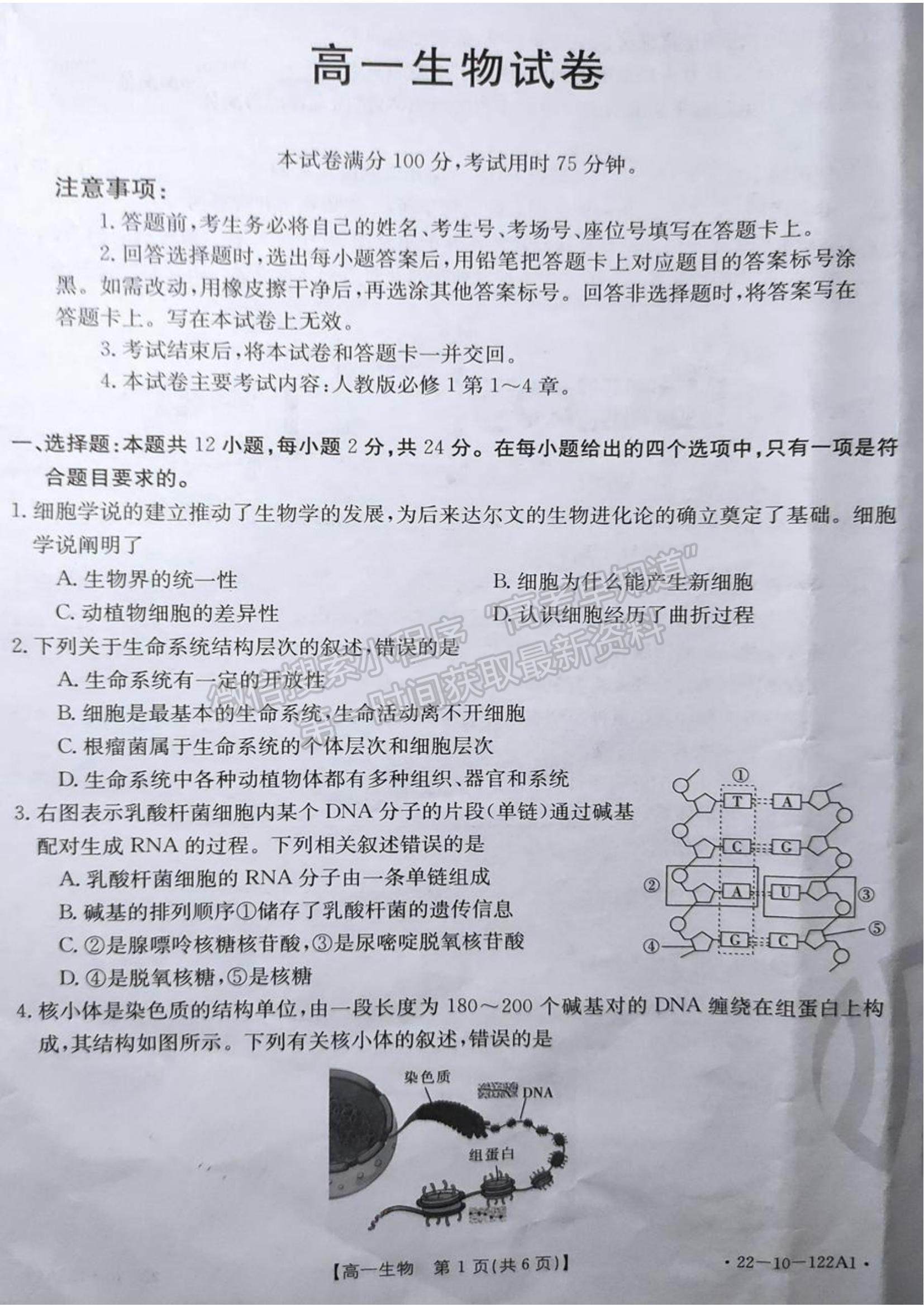 2022湖南省百校大聯(lián)考高一上學(xué)期期中考試生物試題及參考答案