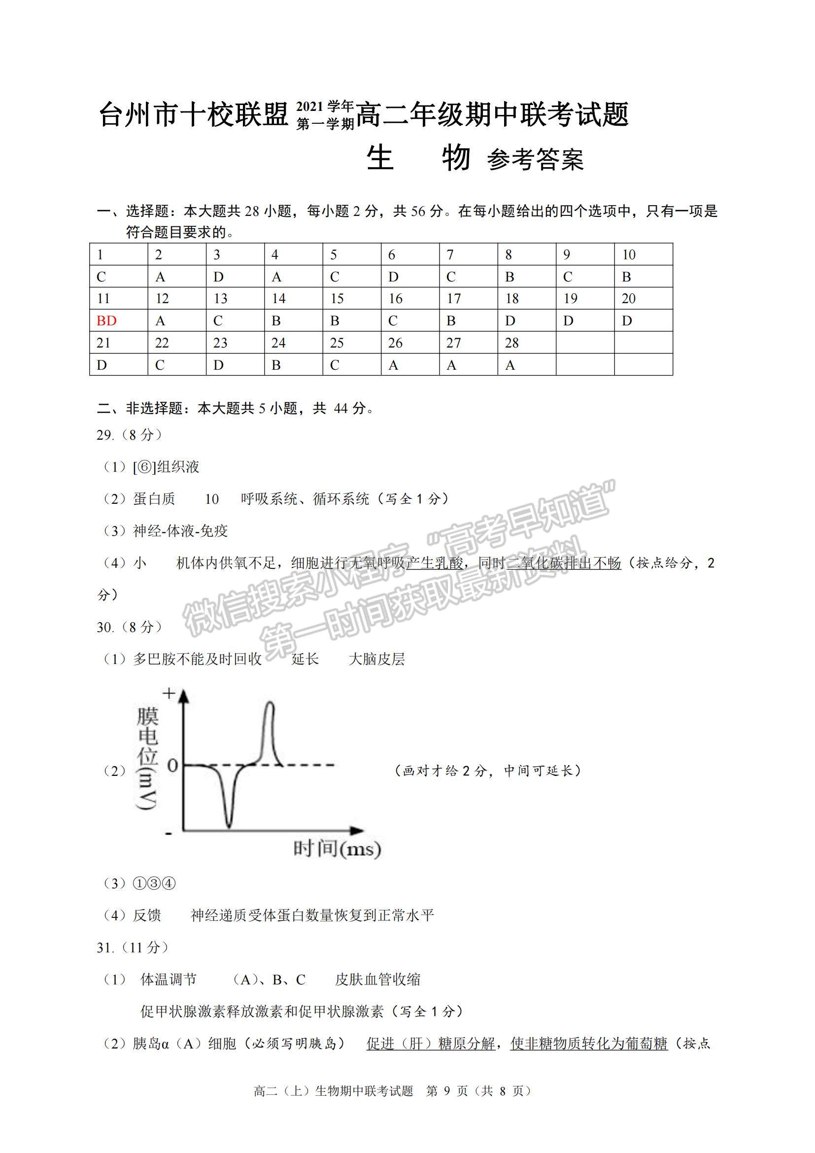 2022浙江省臺(tái)州市“十校聯(lián)盟”高二上學(xué)期期中考試生物試題及參考答案