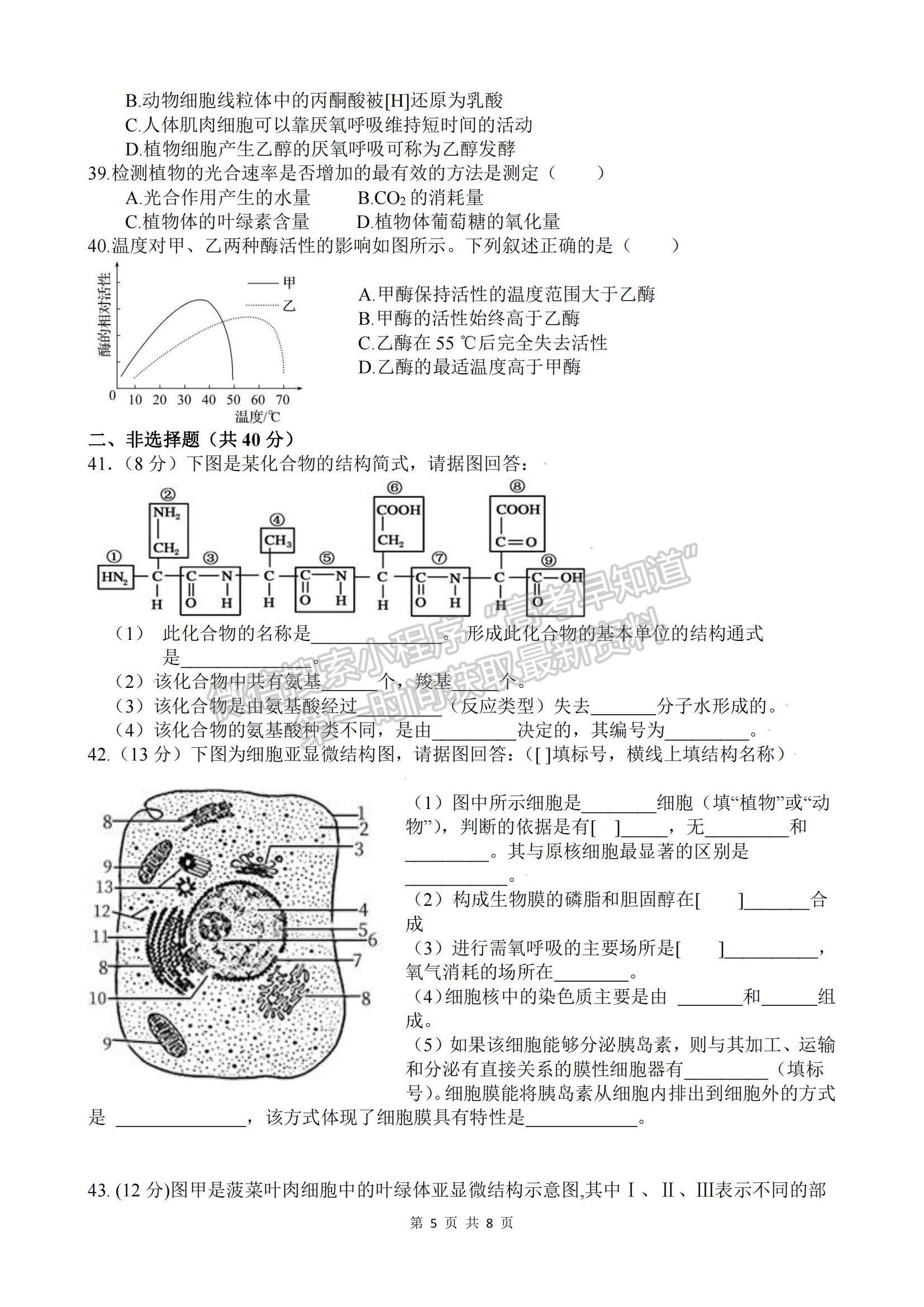 2022浙江省諸暨市第二高級中學高一上學期期中考試生物試卷及答案