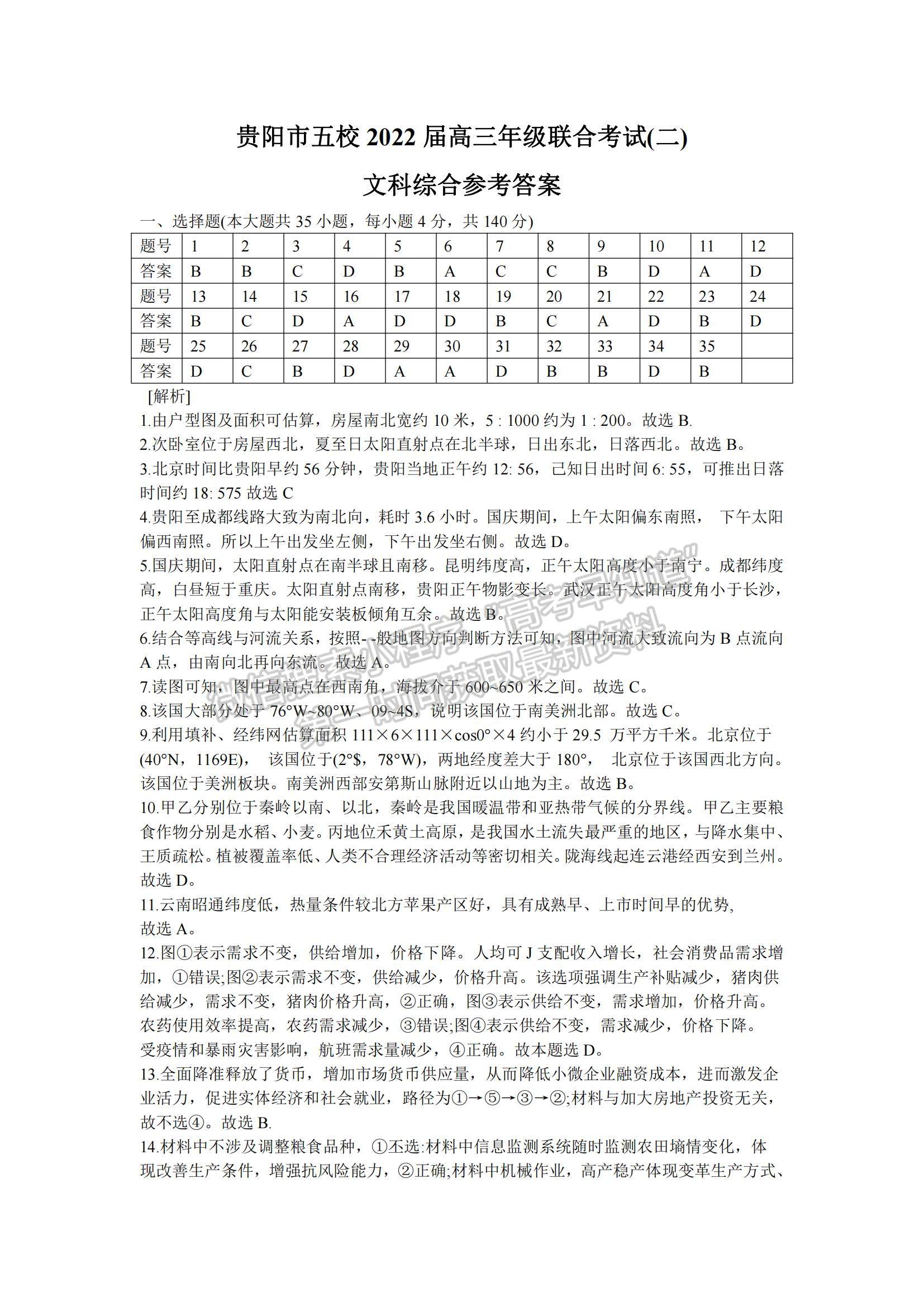 2022貴陽市五校高三上學(xué)期聯(lián)考（二）文綜試題及參考答案