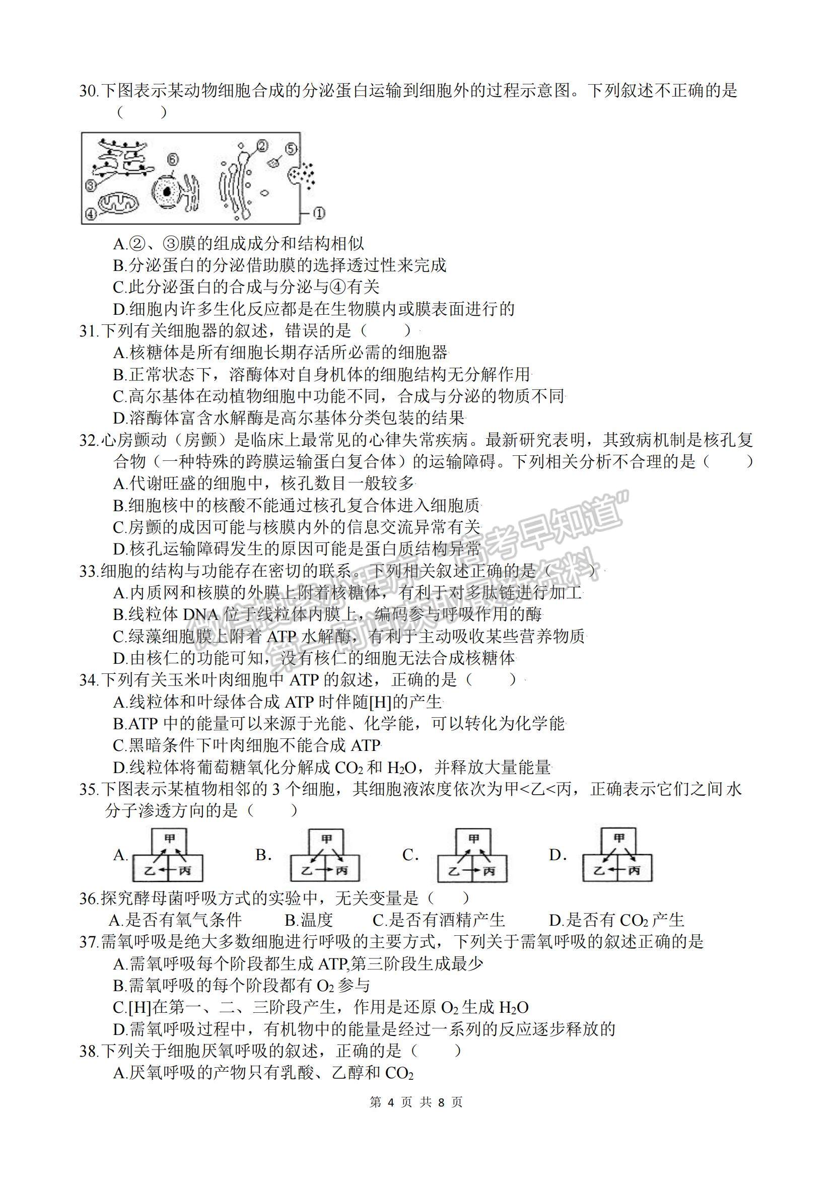 2022浙江省諸暨市第二高級中學(xué)高一上學(xué)期期中考試生物試卷及答案