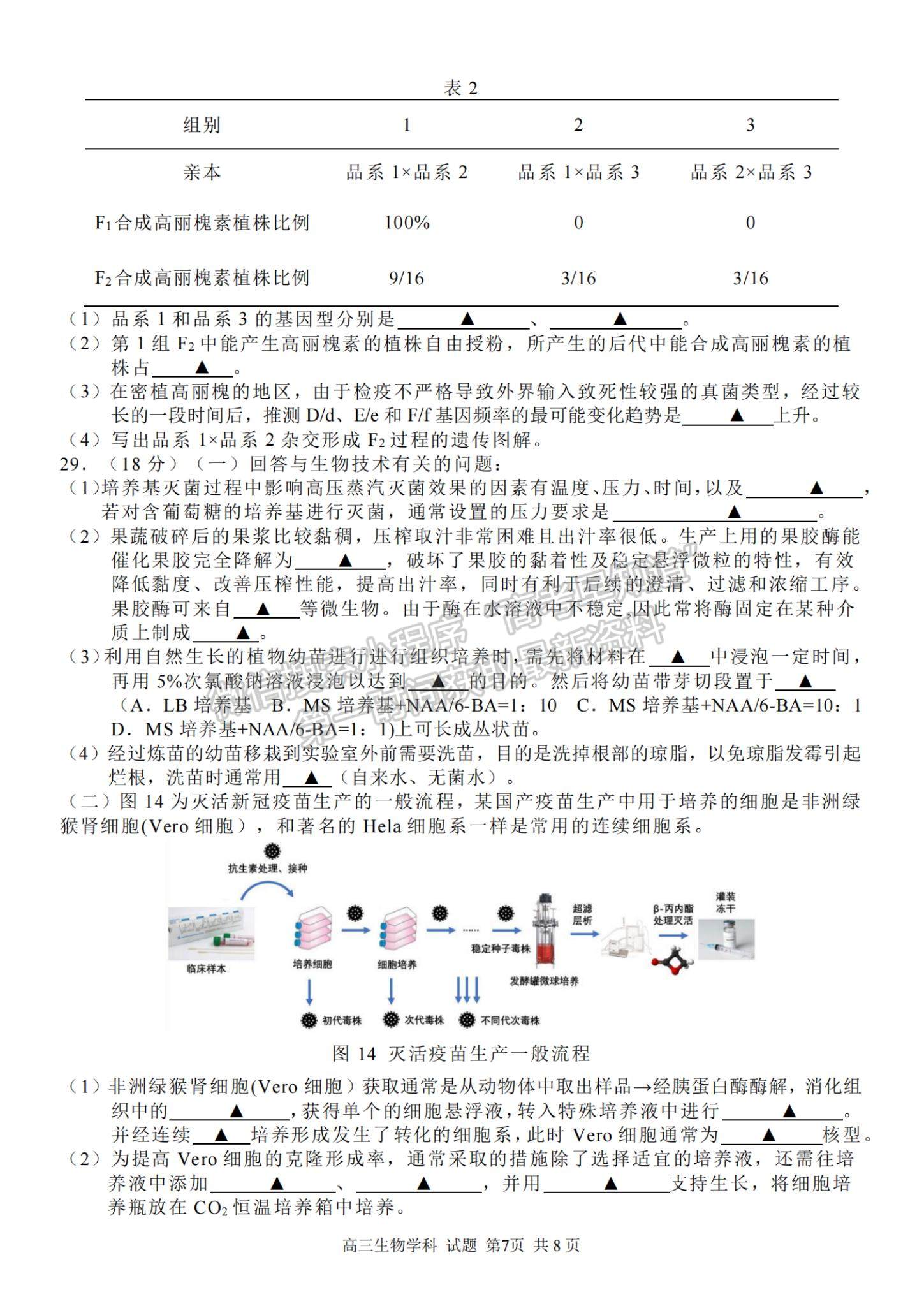 2022浙江省七彩陽光新高考研究聯(lián)盟高三上學期期中聯(lián)考生物試卷及答案