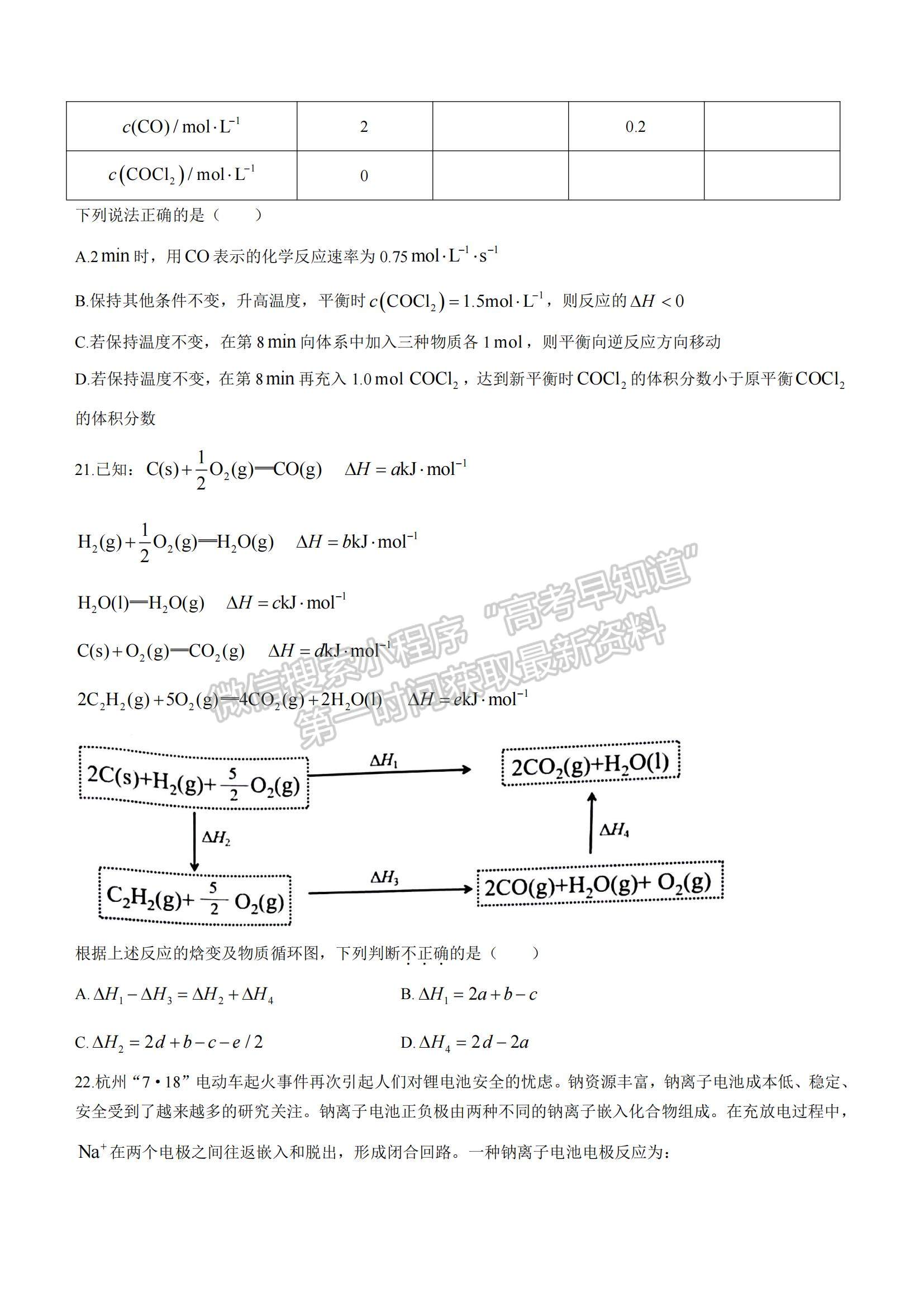 2022浙江省七彩陽光新高考研究聯(lián)盟高三上學(xué)期期中聯(lián)考化學(xué)試卷及答案