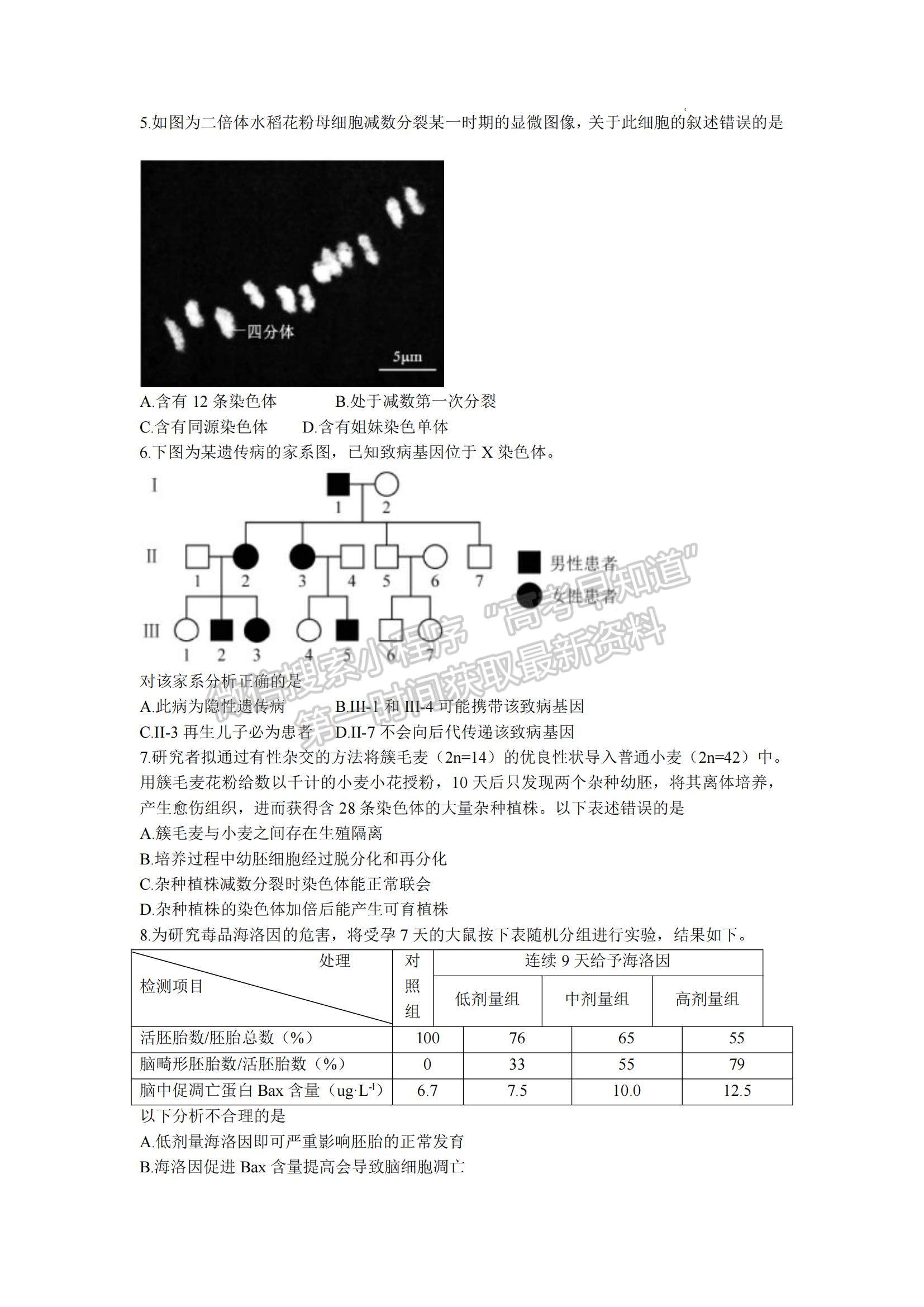 2021年高考北京卷生物真題試卷及參考答案