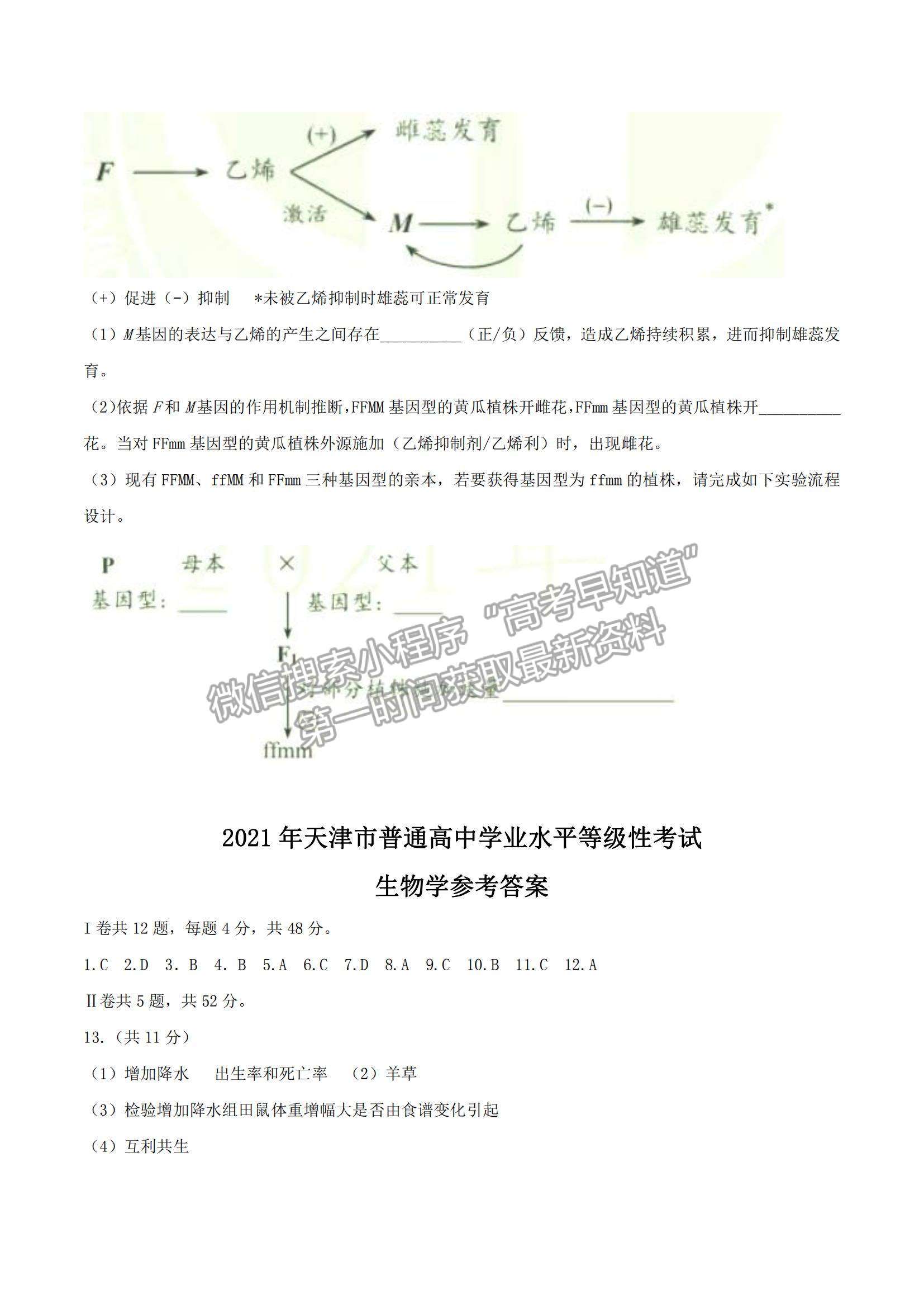 2021天津高考生物真題及參考答案