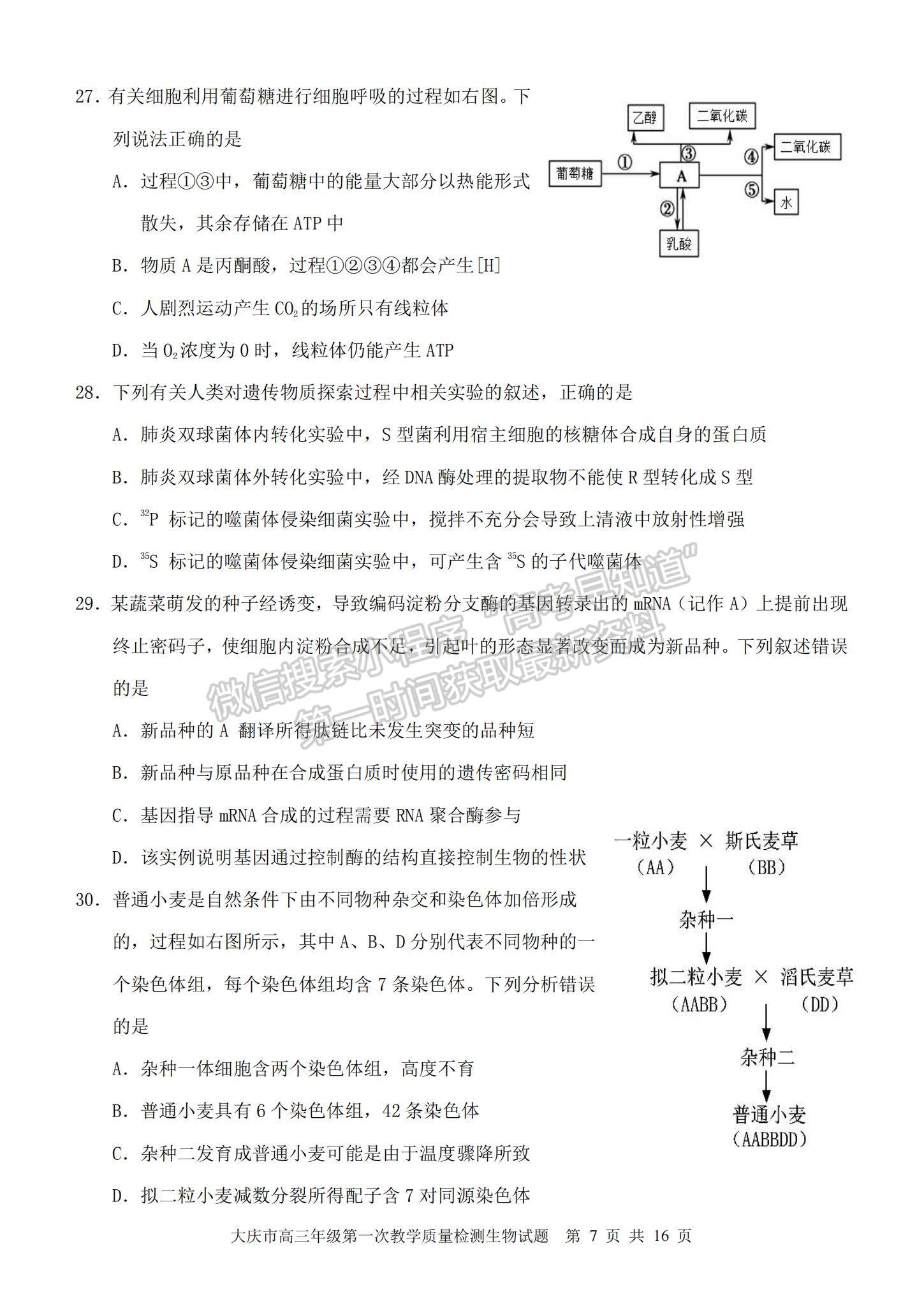 2022大慶一模生物試卷及參考答案