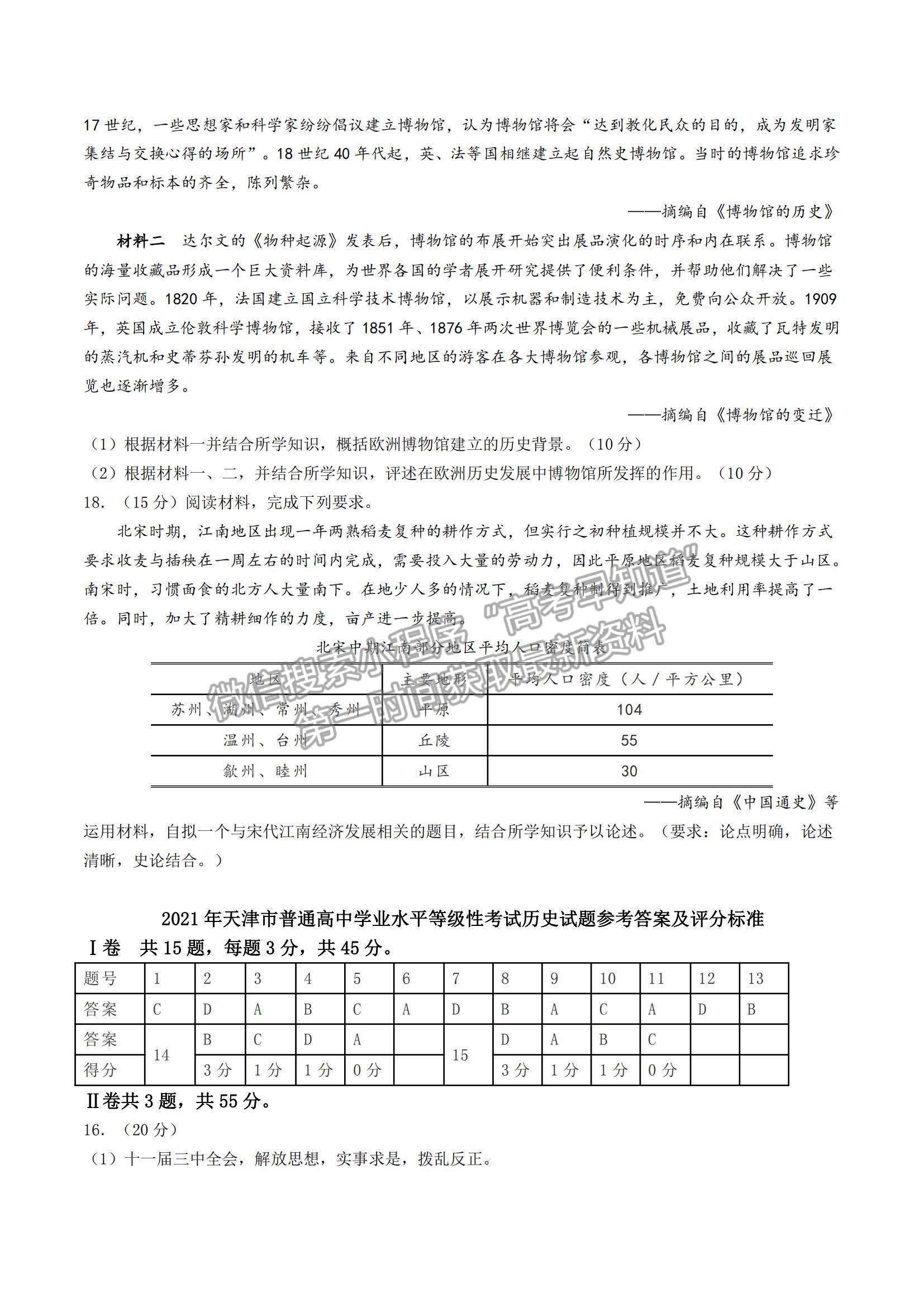 2021天津高考?xì)v史真題及參考答案