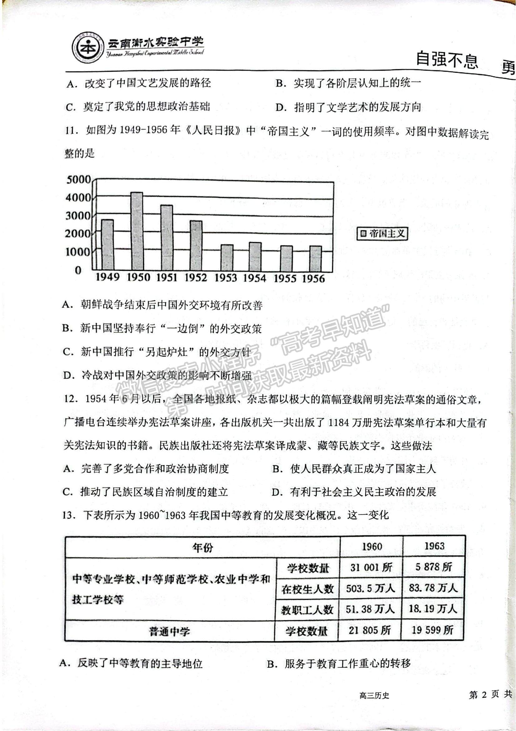 2022云南衡水實驗中學(xué)高三上學(xué)期期中考試歷史試題及參考答案