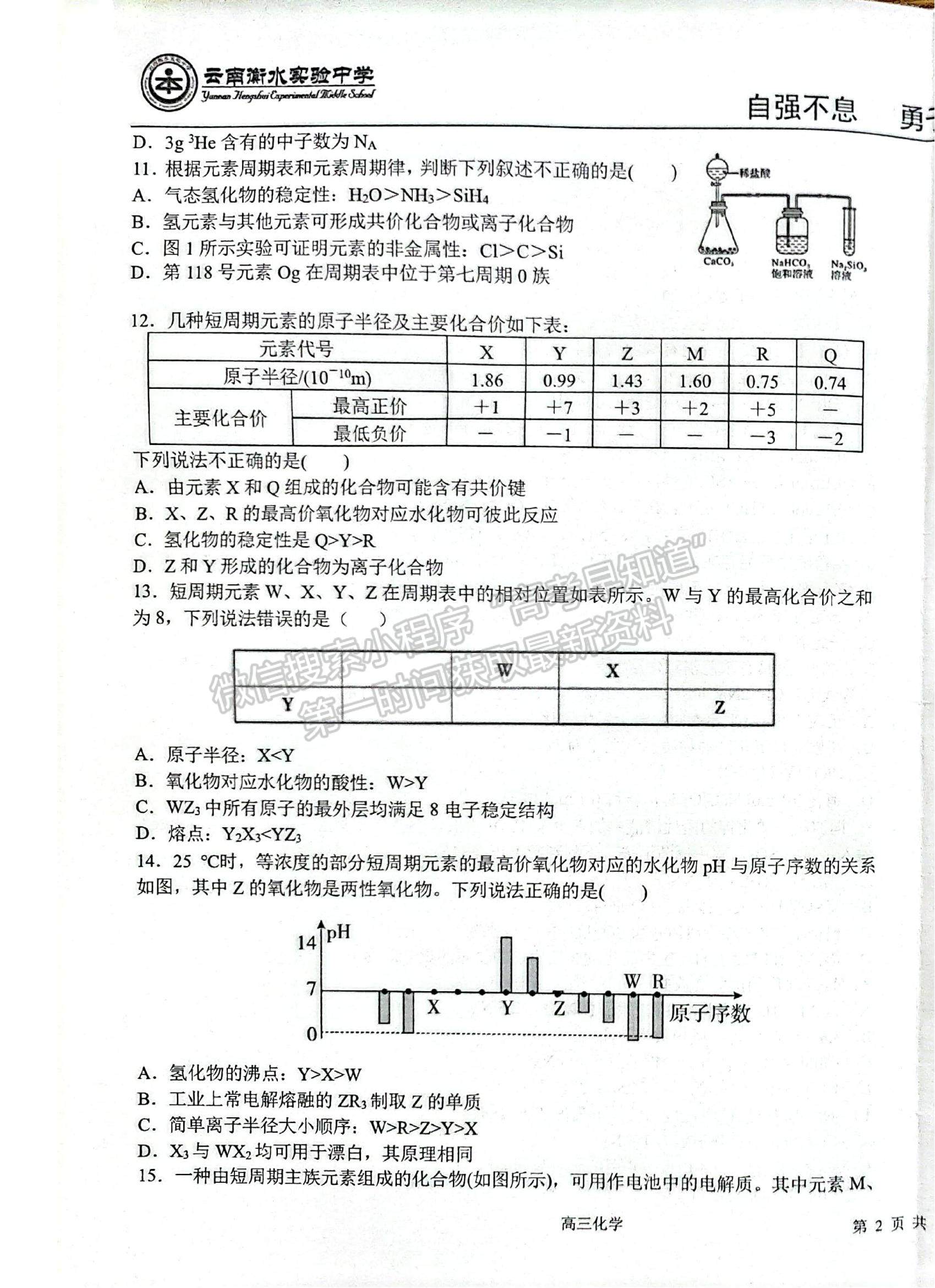 2022云南衡水實驗中學高三上學期期中考試化學試題及參考答案