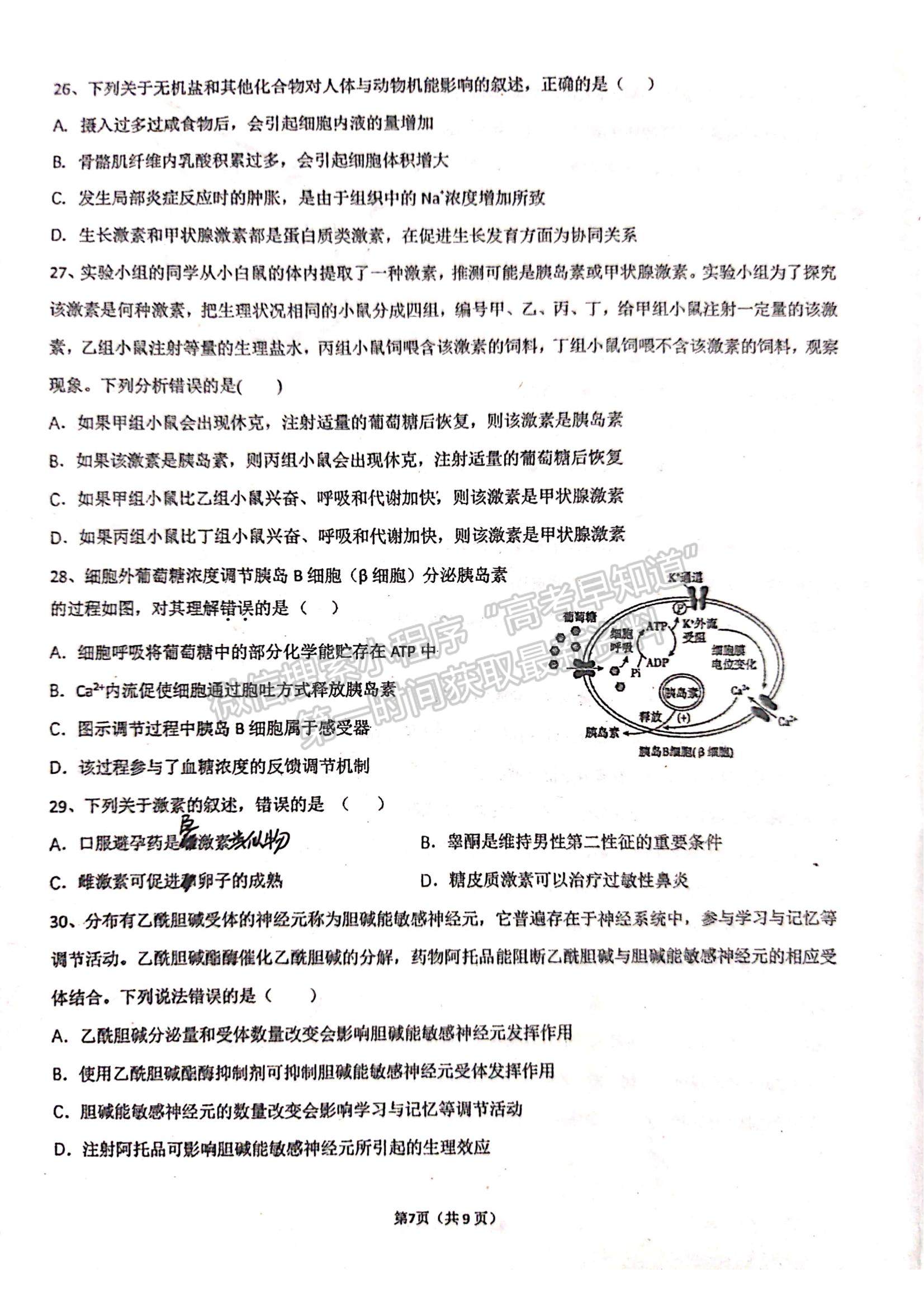 2022福州一中高二上學(xué)期期中考試生物試題及參考答案