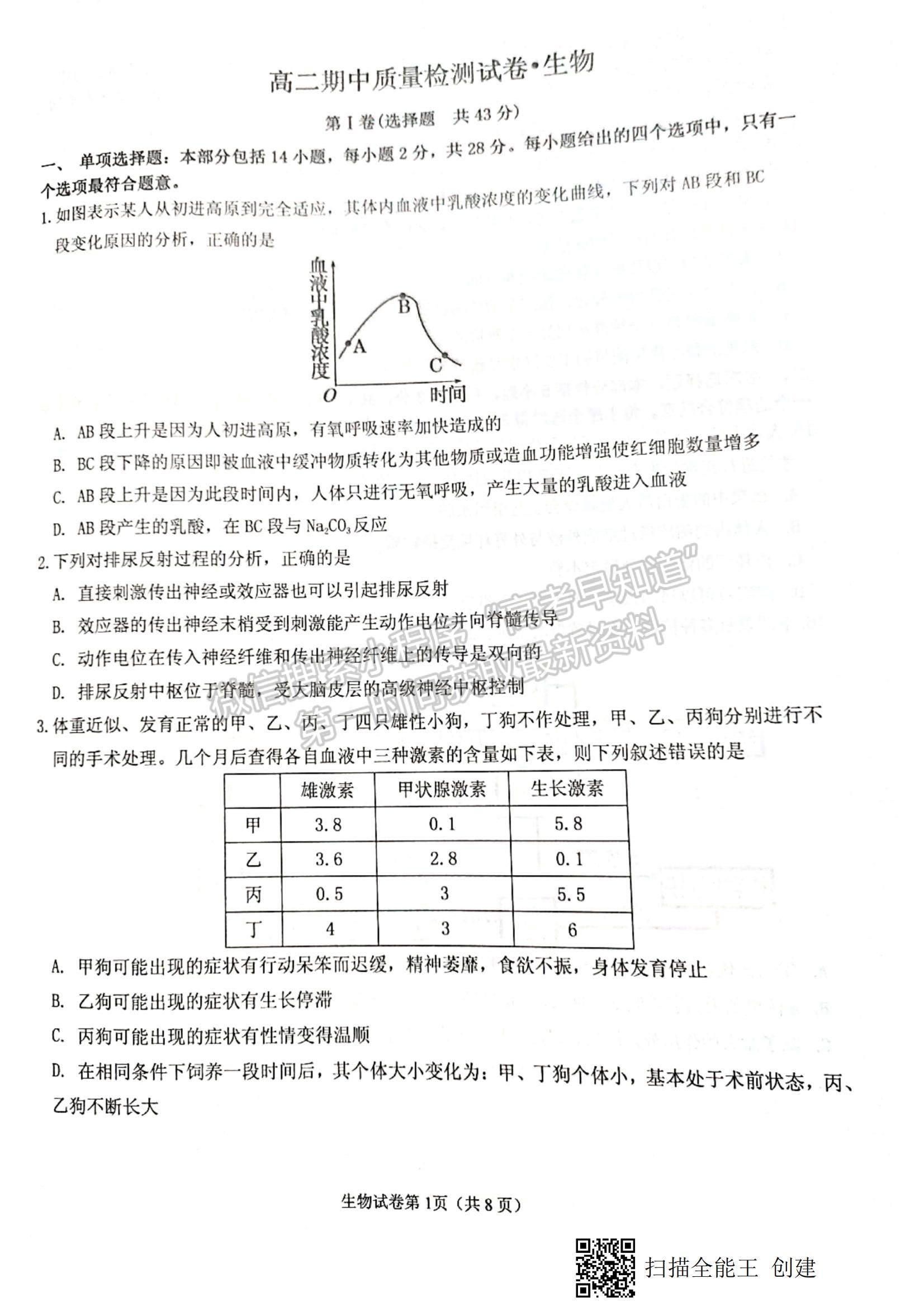 2022江蘇省丹陽市高二上學期期中質量檢測生物試題及參考答案