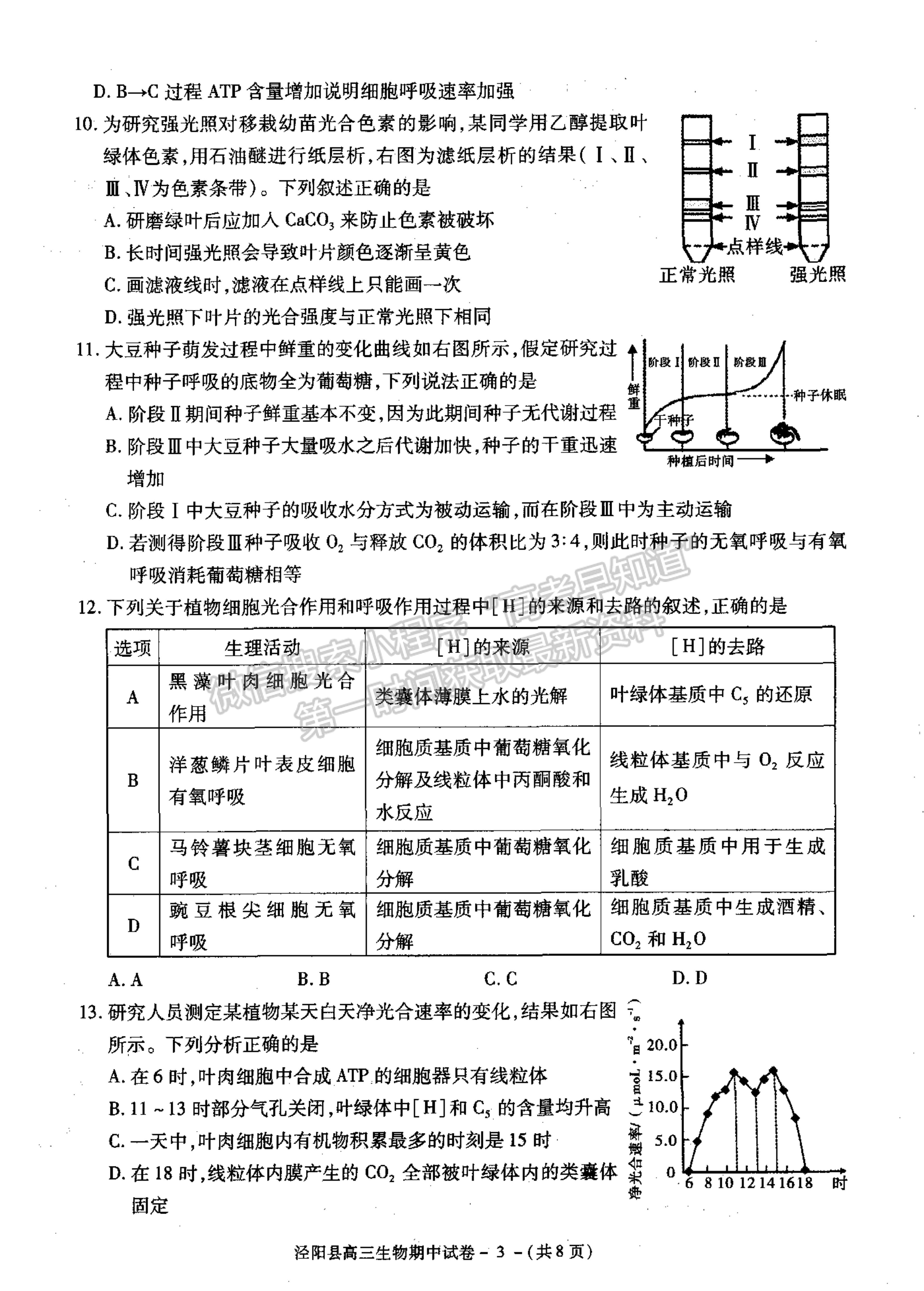 2022陜西省涇陽(yáng)縣高三上學(xué)期期中考試生物試卷及參考答案