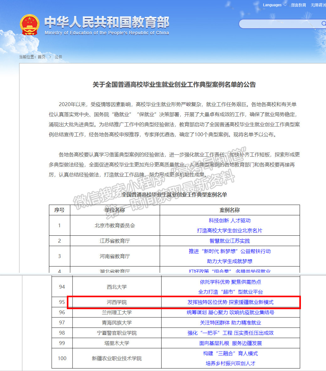 河西學院榮膺教育部“全國普通高校畢業(yè)生就業(yè)創(chuàng)業(yè)工作典型案例”