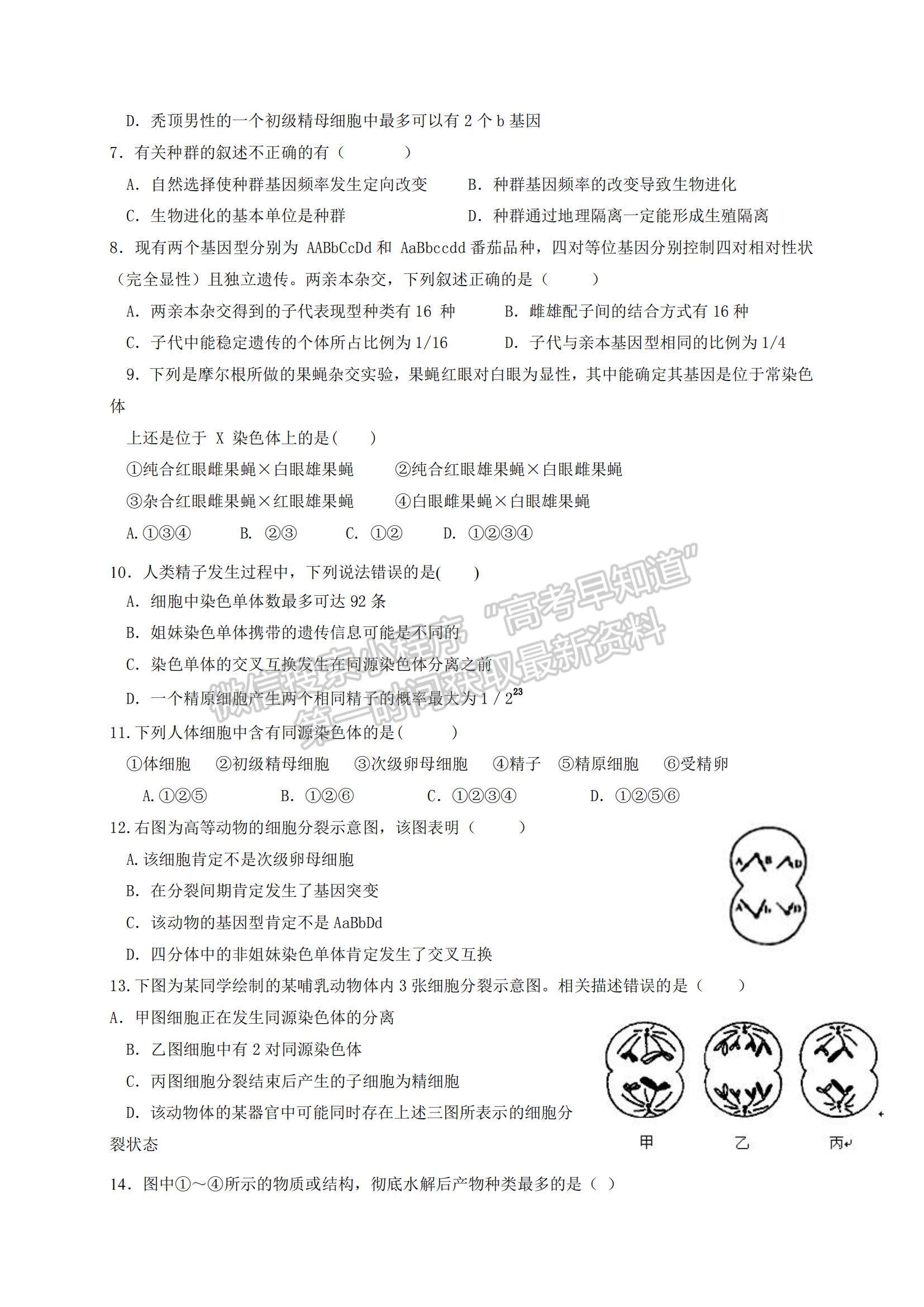 2022四川省涼山寧南中學高二上學期開學考試生物試題及參考答案