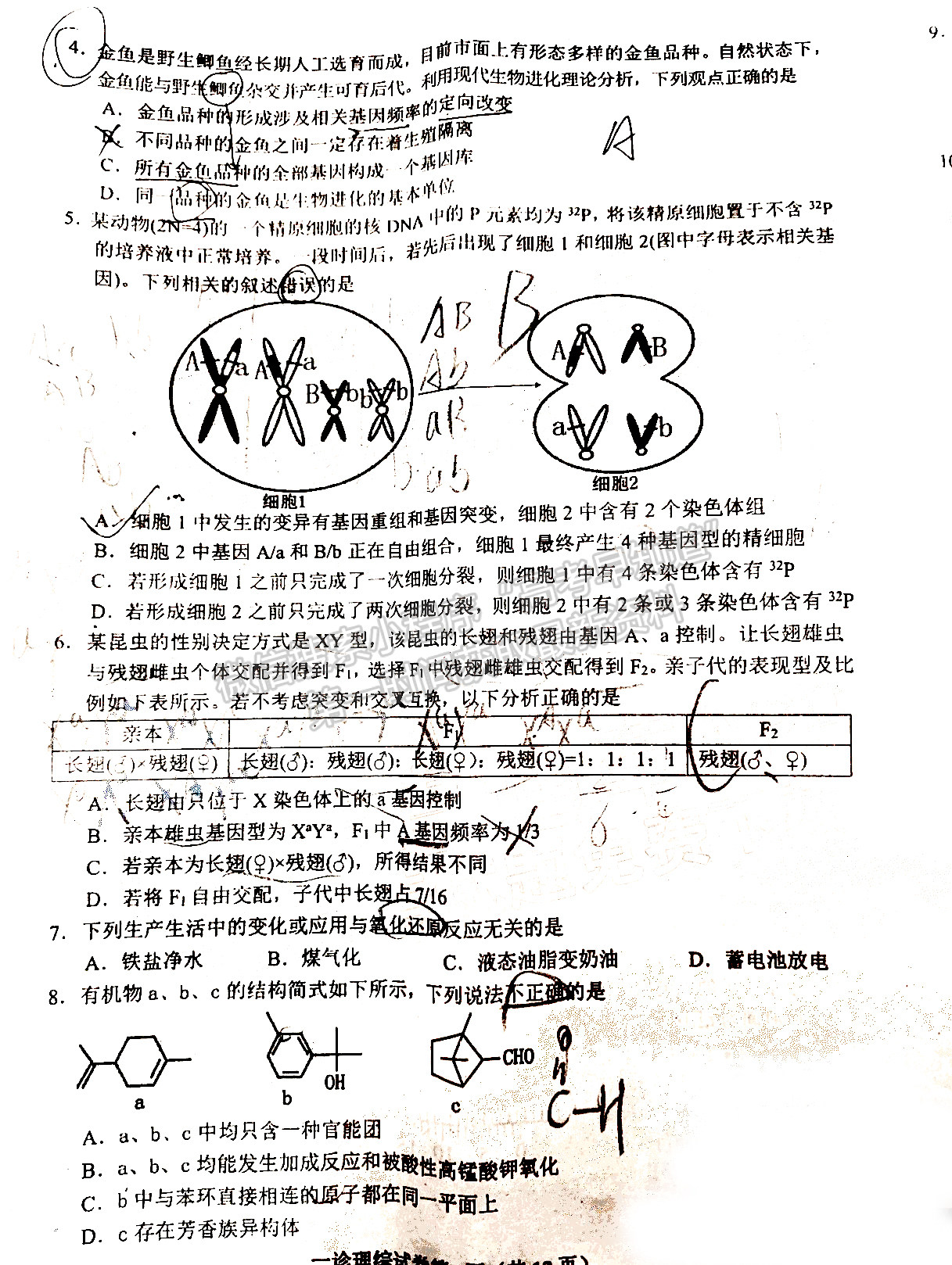 2022四川省達州市普通高中2022屆第一次診斷性考試理科綜合試題及答案